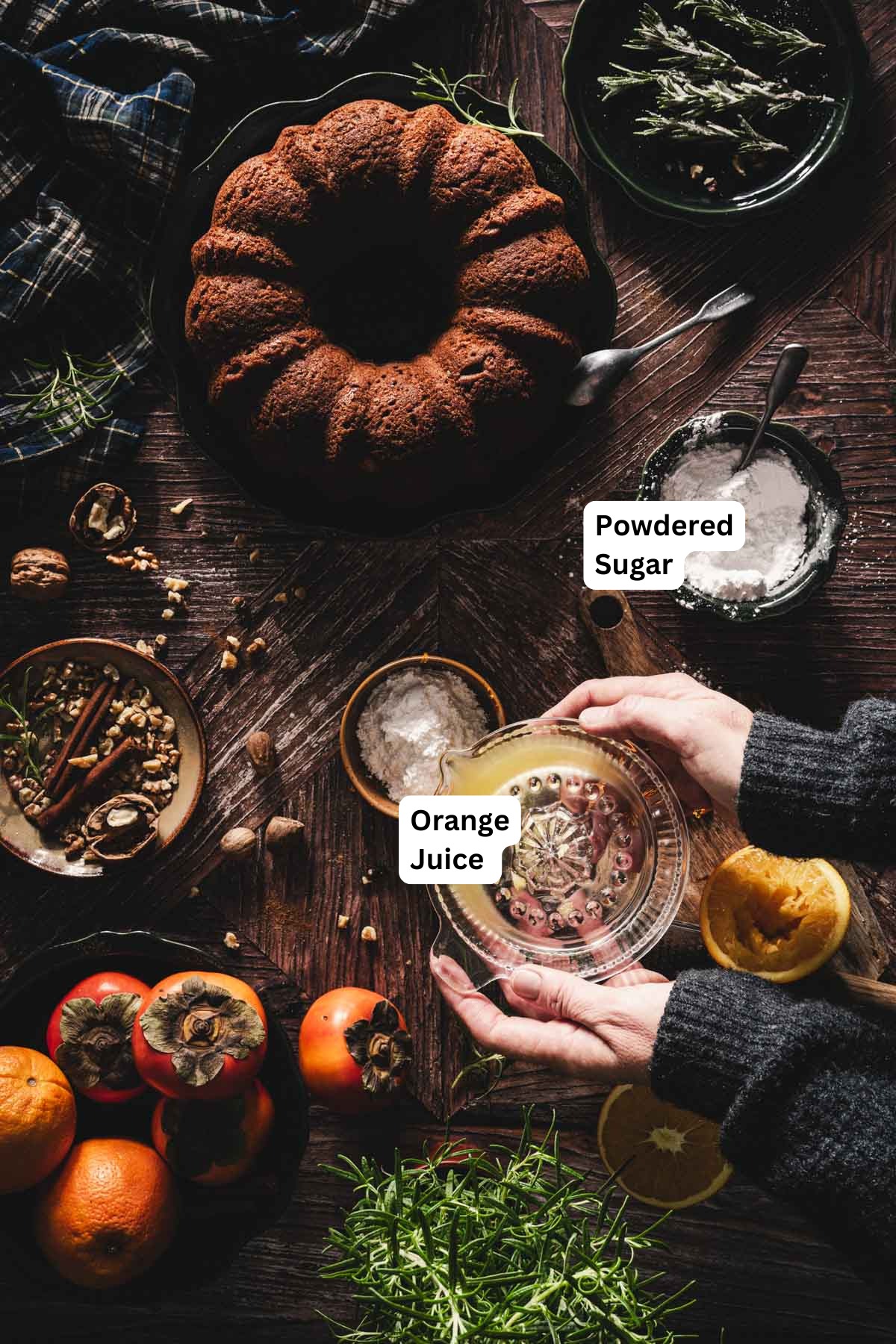 hands in frame holing juice over a bowl with powdered suga, with name tags