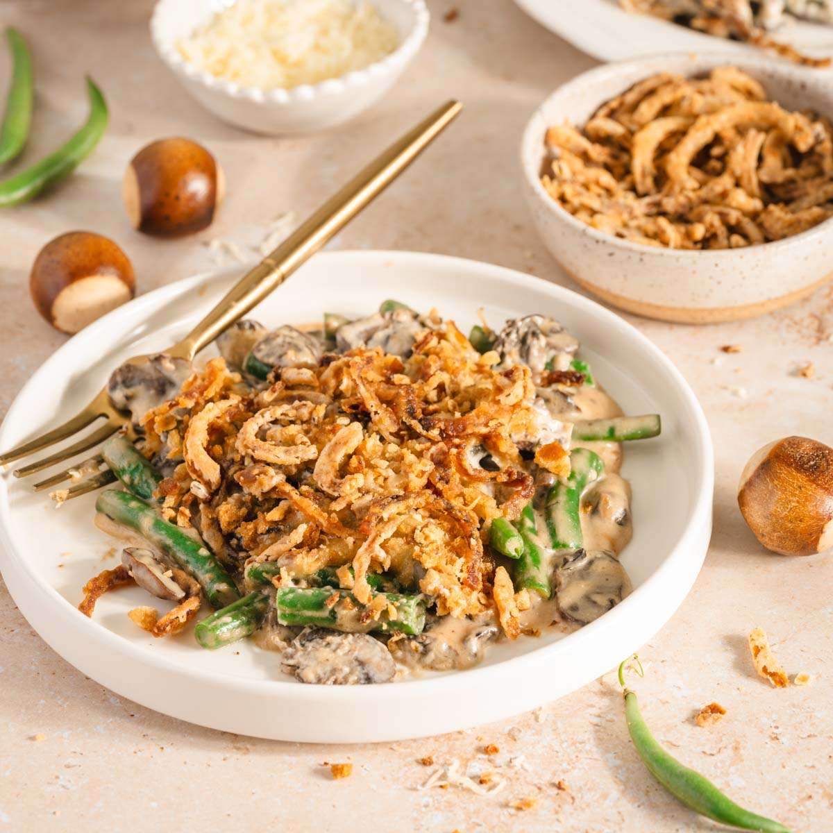 green bean casserole on a serving plate