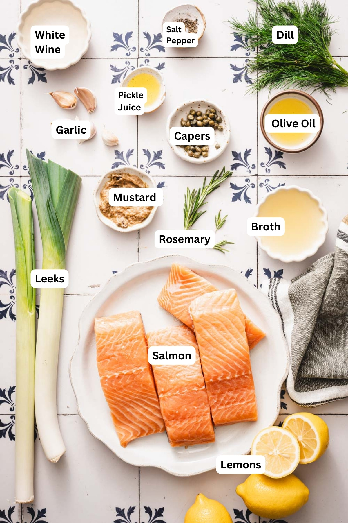 ingredients to make pan seared salmon with leeks