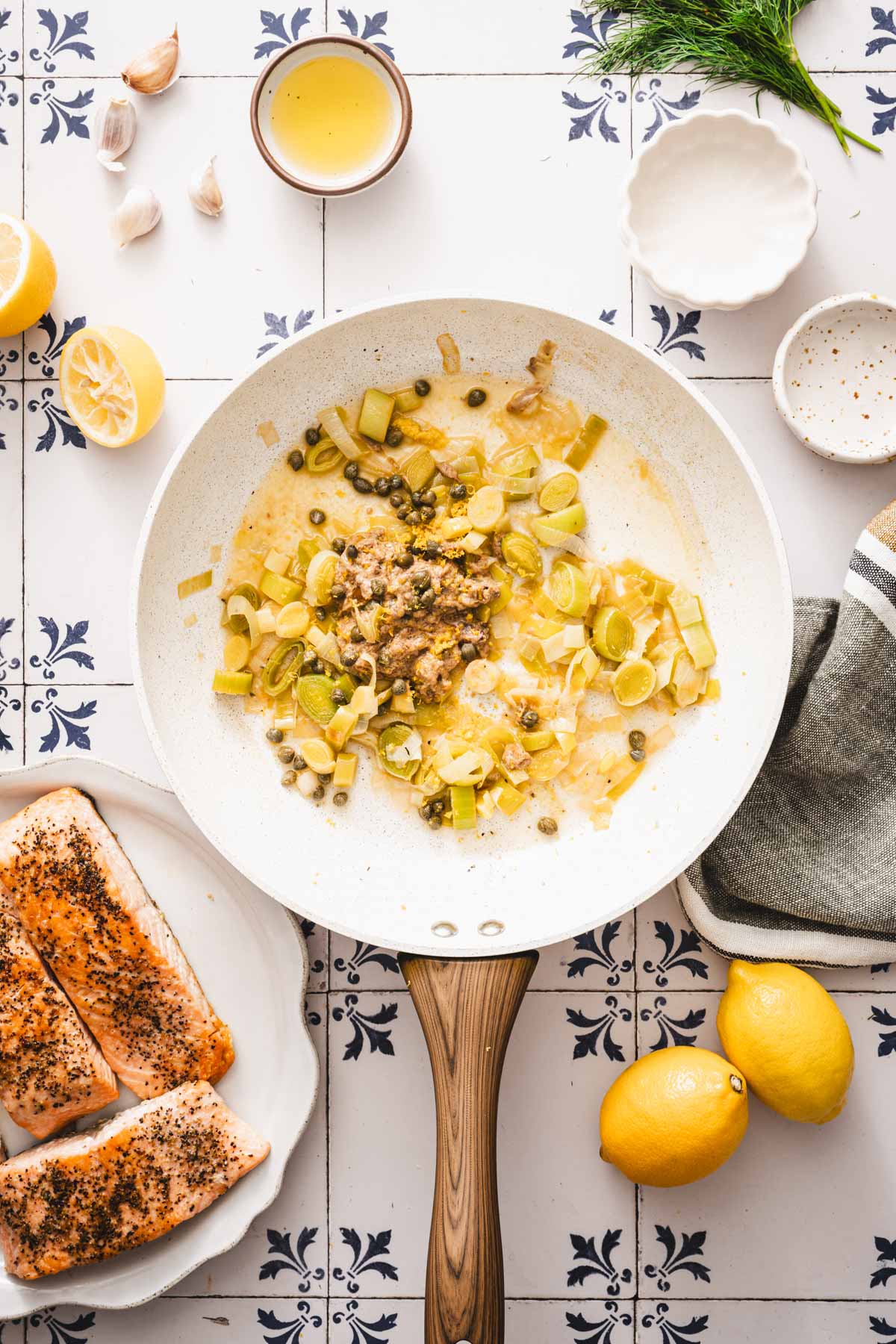 cookd leeks, capers, mustard all in a skillet