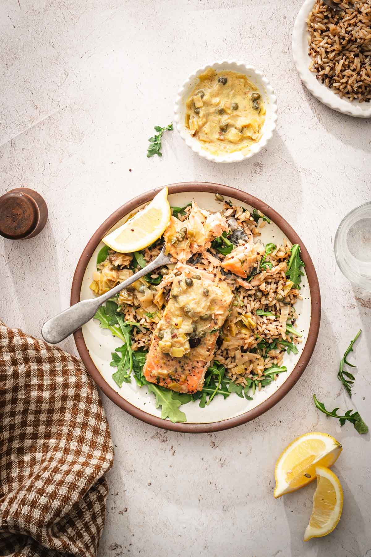 plate with salmon over salad and rice, dish with the sauce