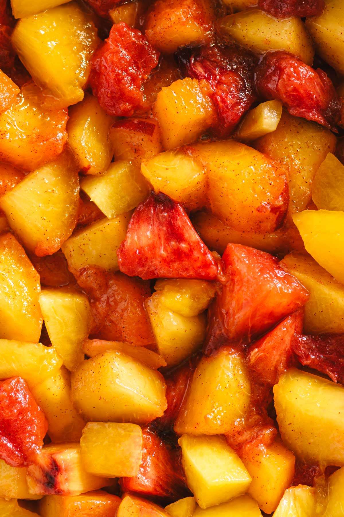 fresh, diced peaches cloes up