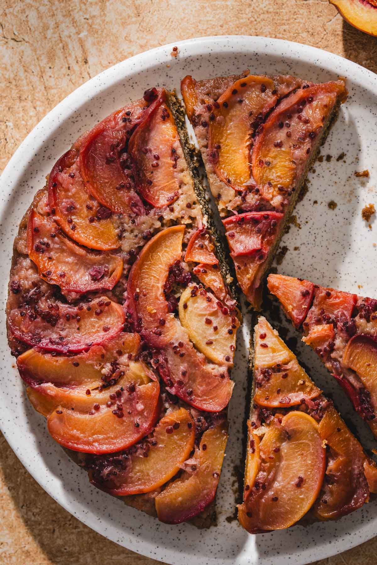 close up or sliced peach cake