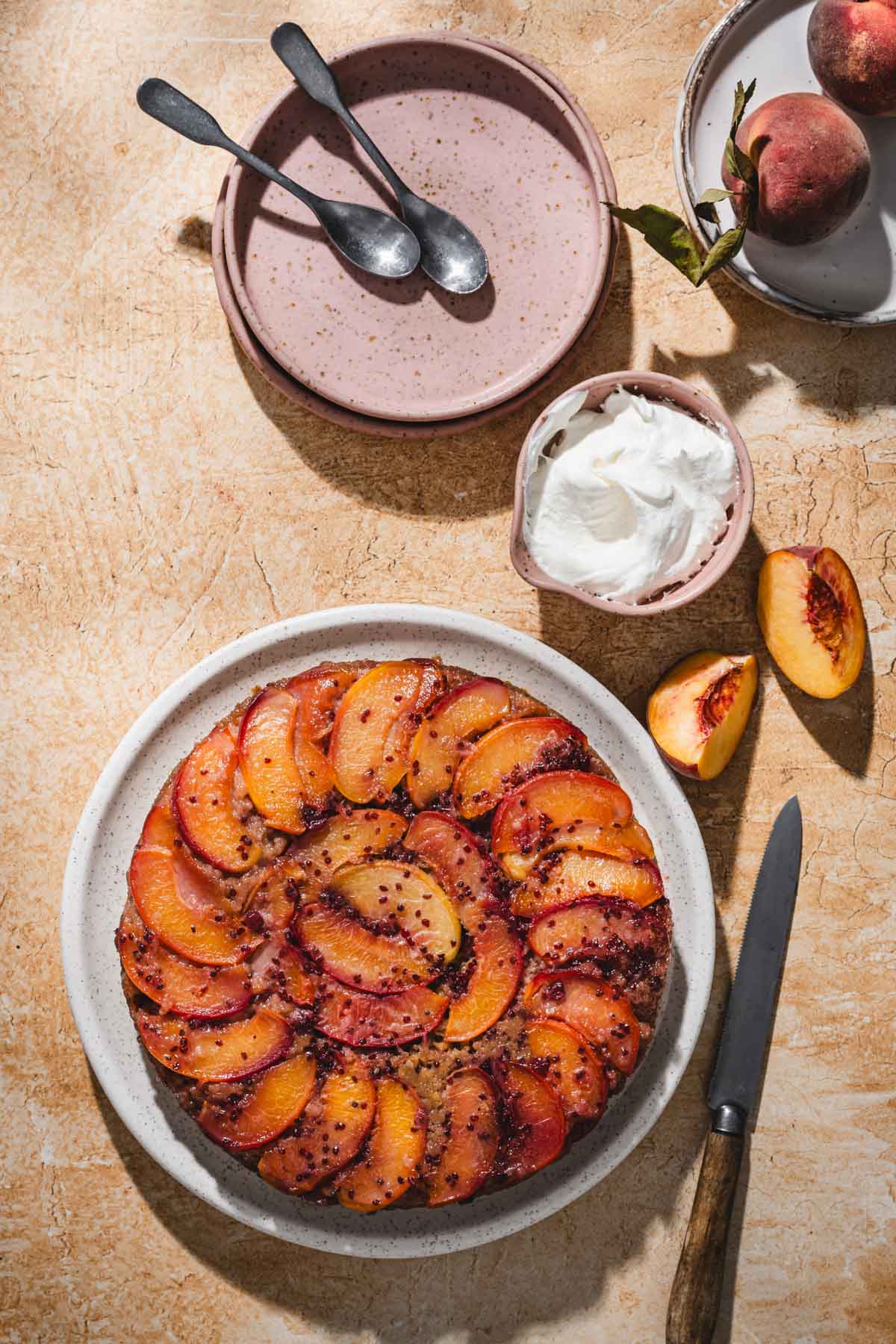 opeach cake on a serving plate. serving plates,