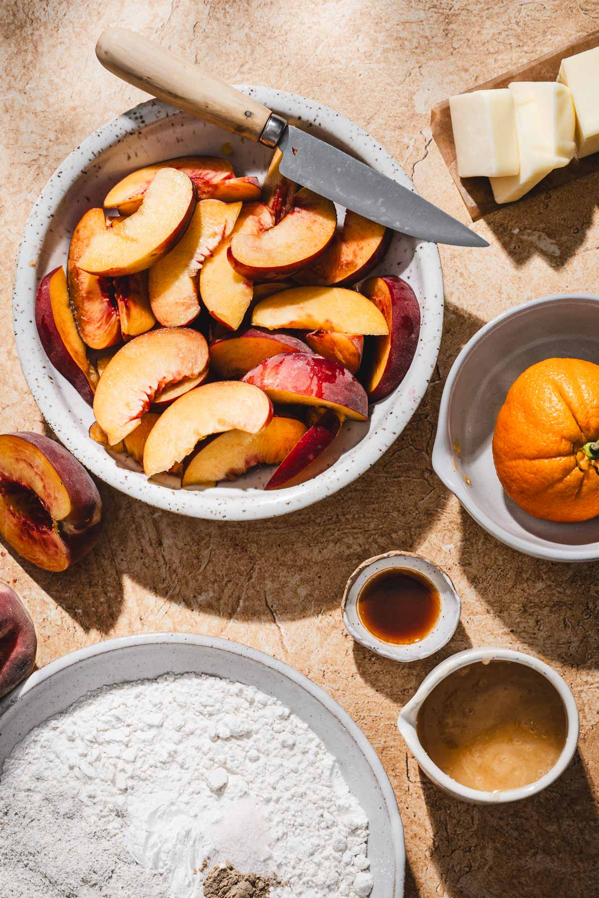 bowl with sliced peaches