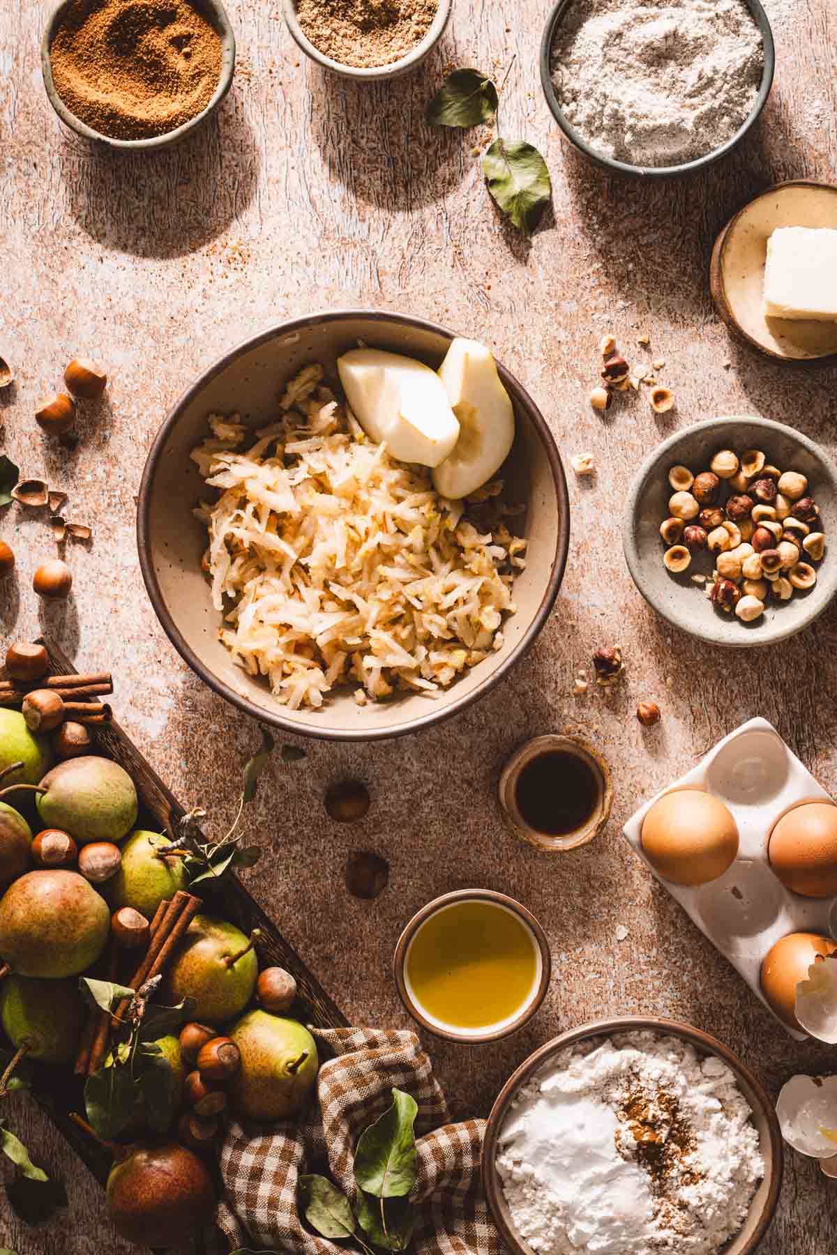 bowl with shredded pears, other ing around