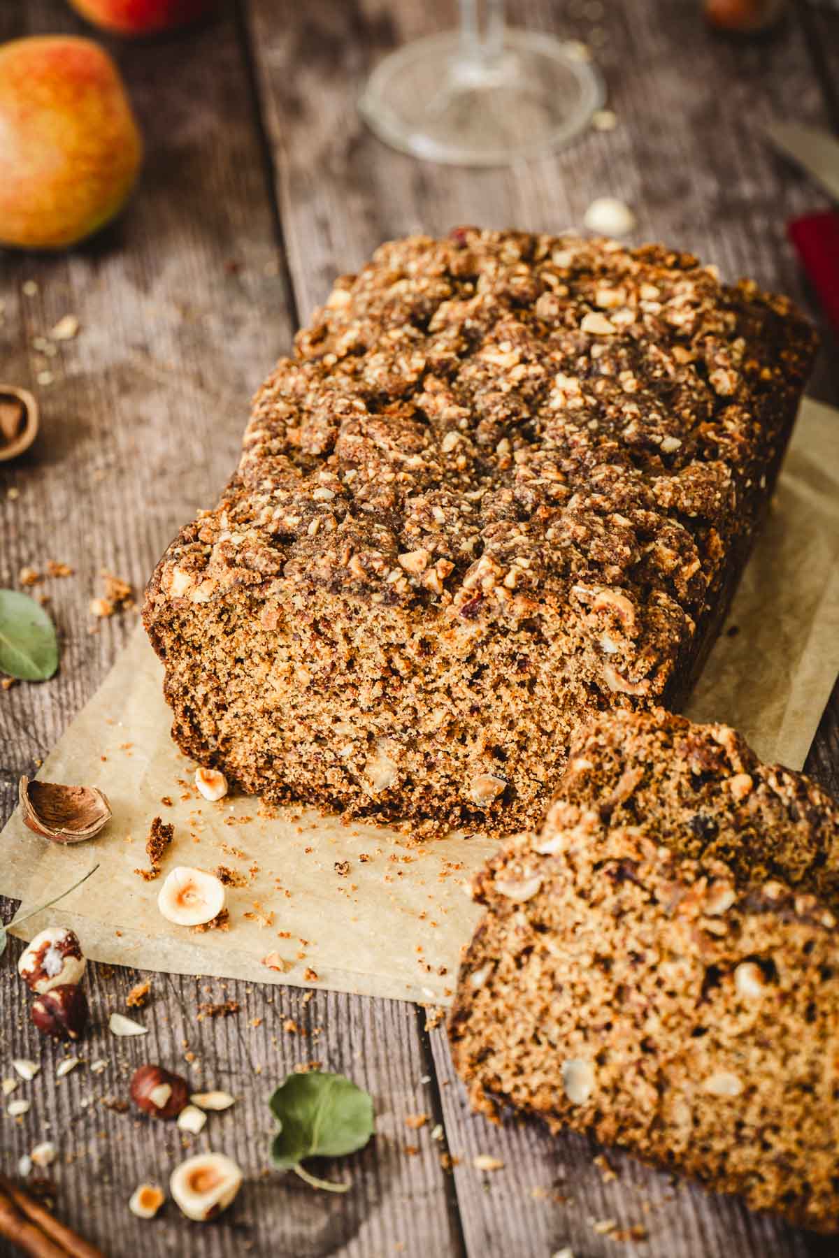 side view of sliced pear bread