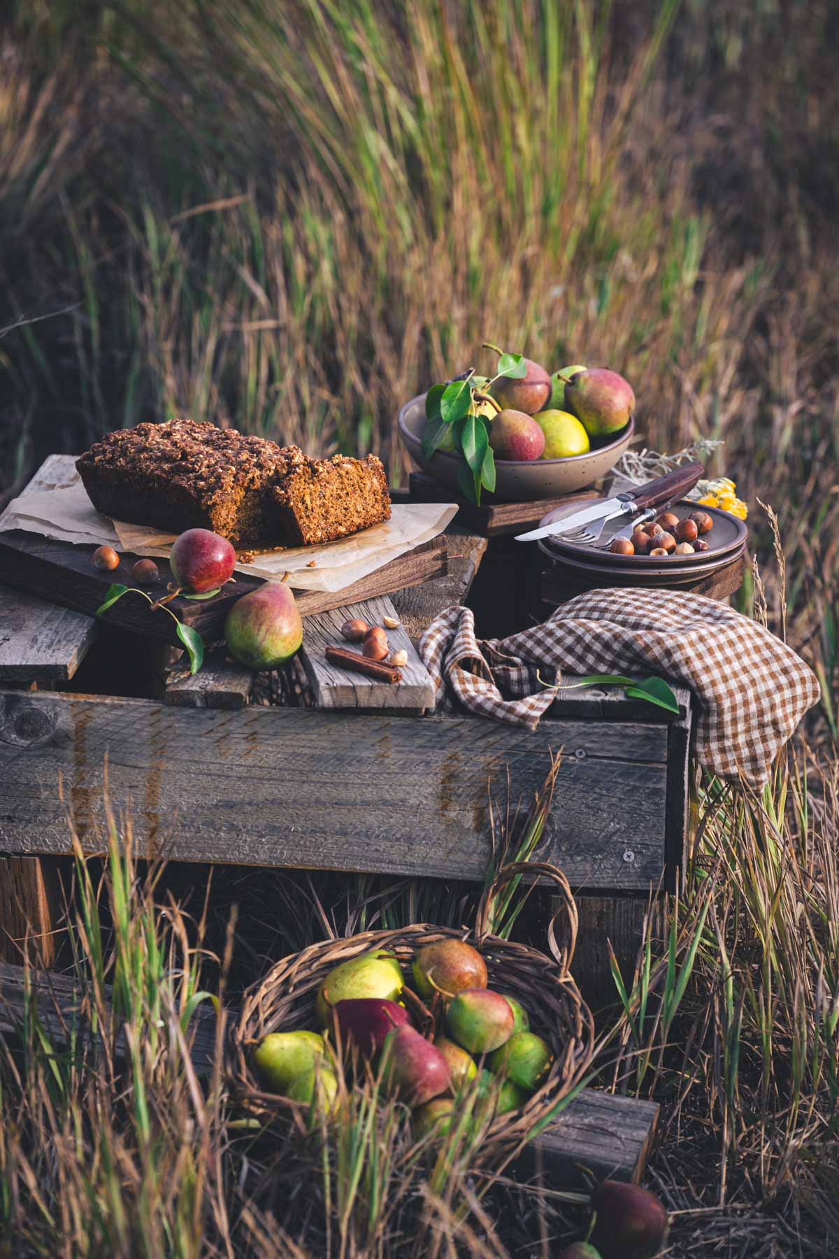 pear bread on a wooden table in the garden