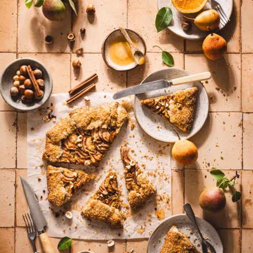 pear galette cut into slices,