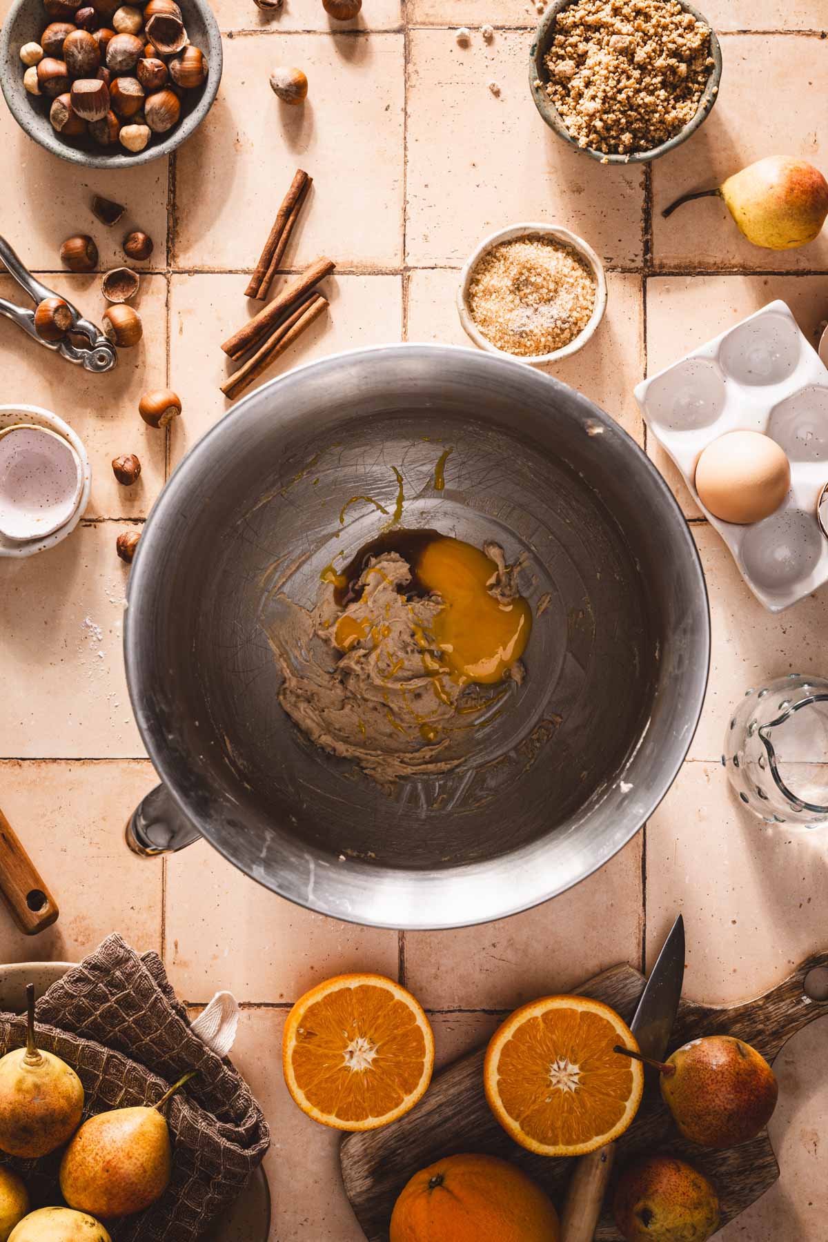 yolk and vanilla added to the whipped sugar