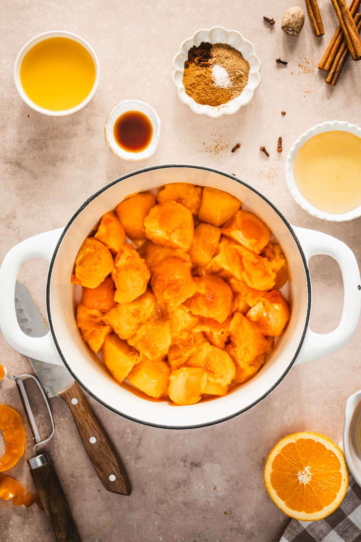 cut up persimmons in a Dutch oven