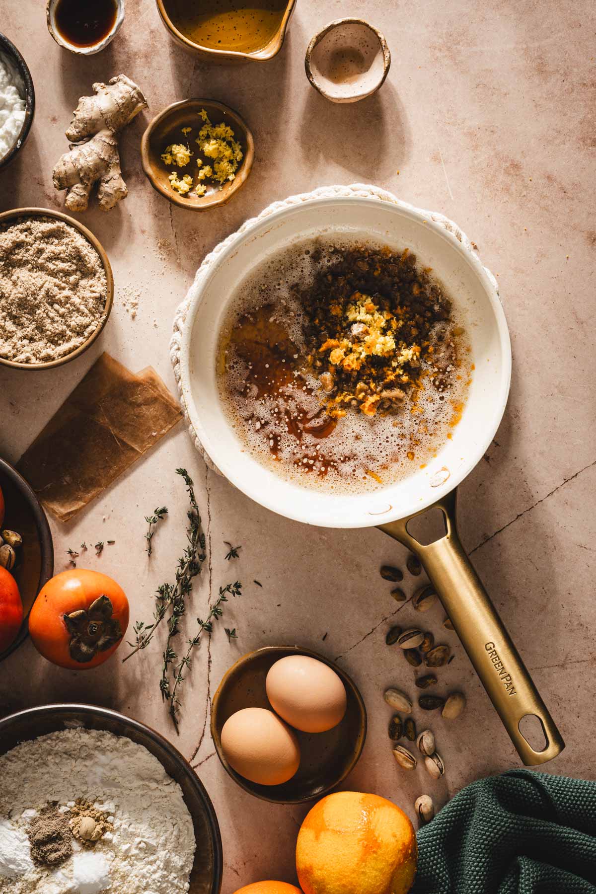 skilet with brown butter and sugar added