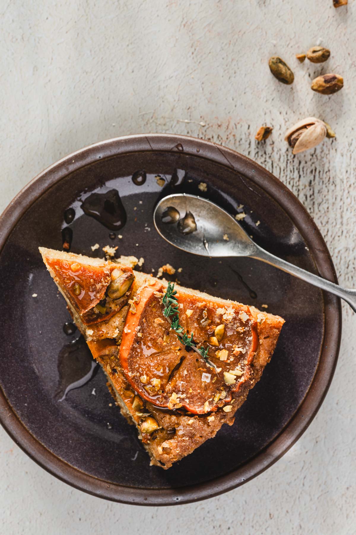 slice of cake on a purpule plate