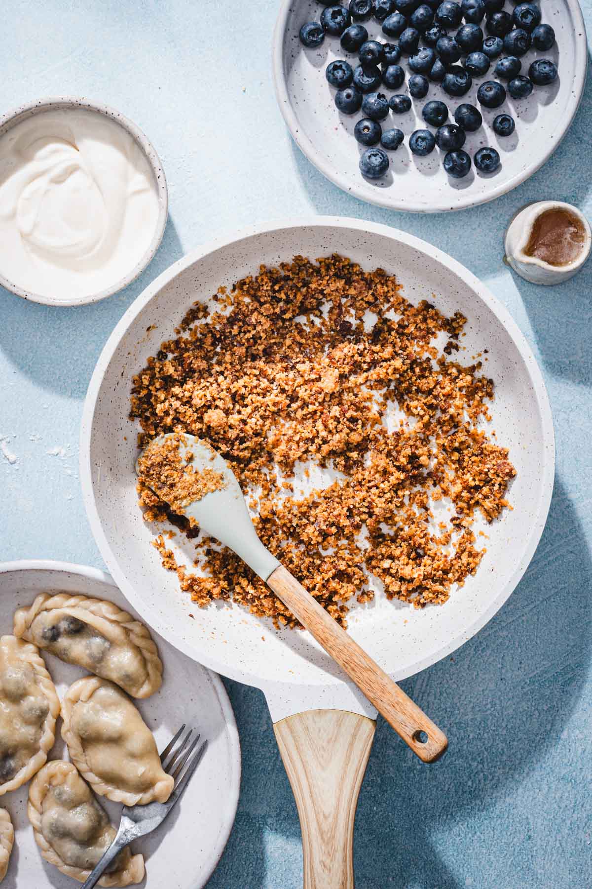 skillet with cooked breadcrumbs