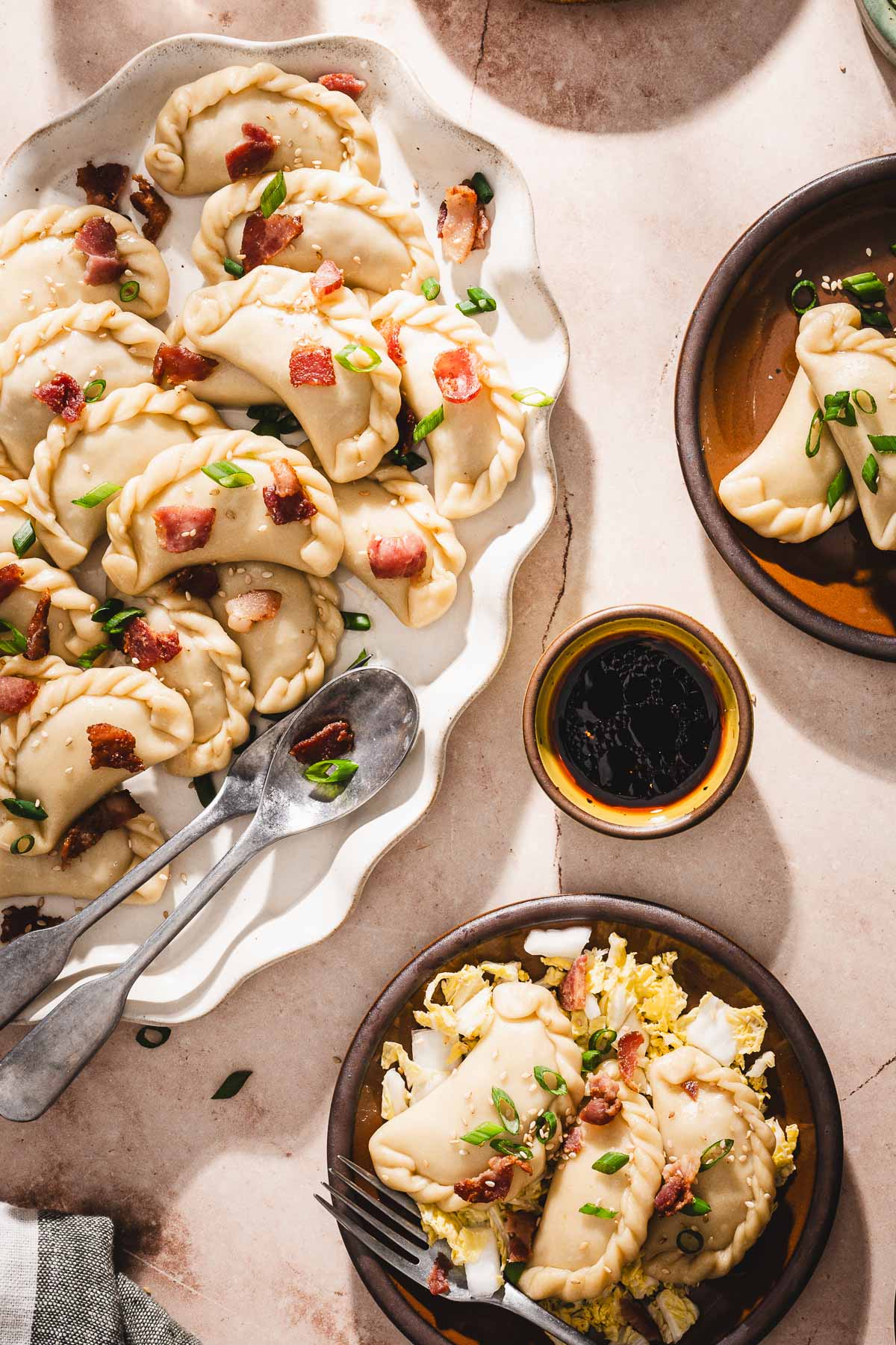 clos up of a platter with pierogi