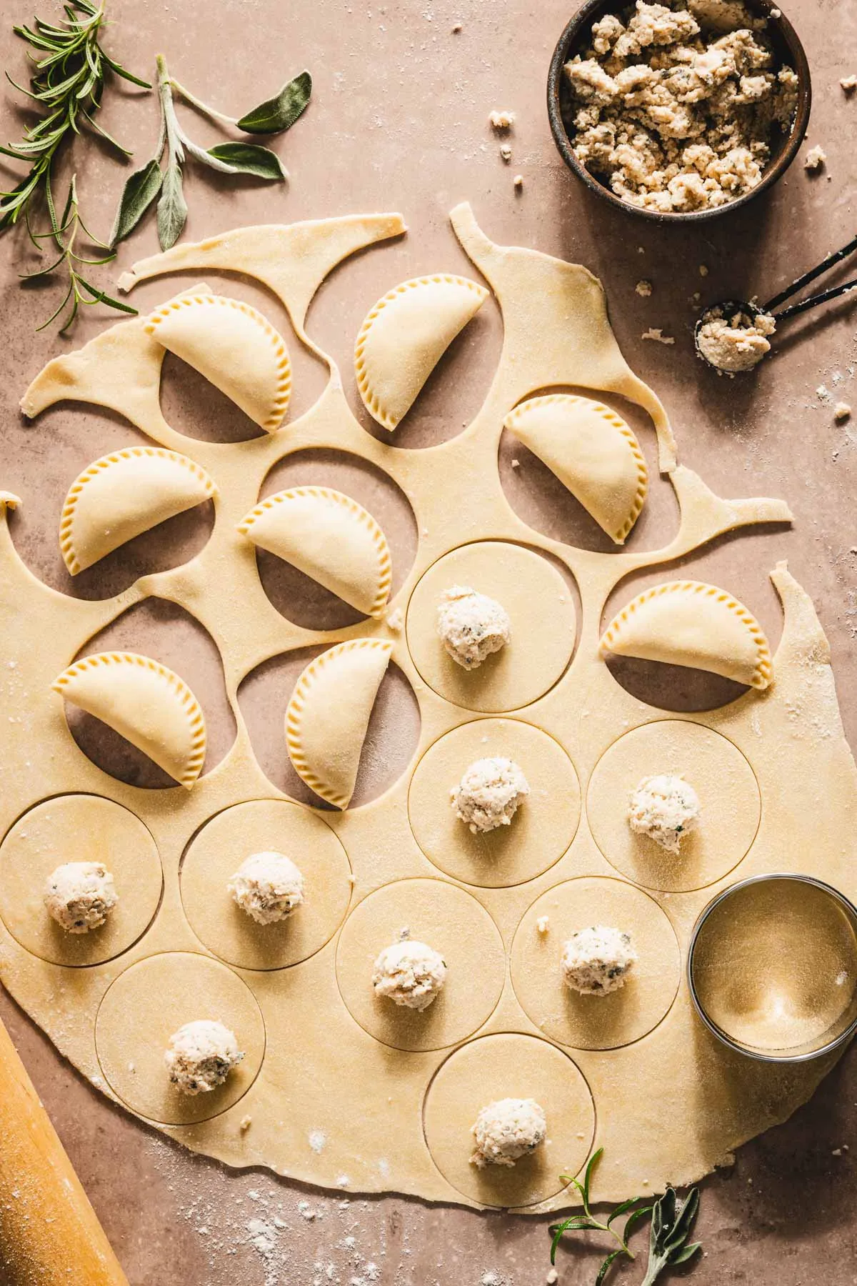 formed pierogis, cut out dough, filling