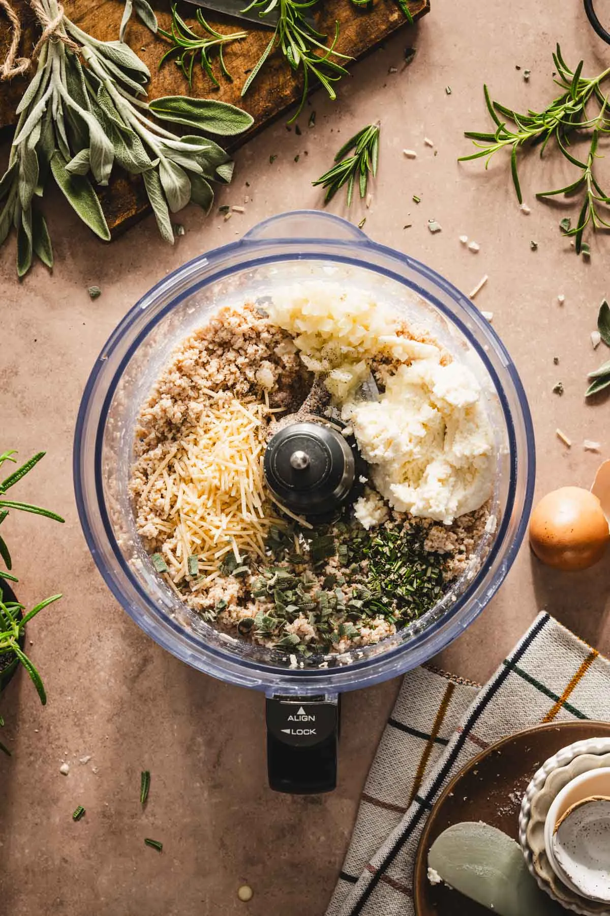 cheese, herbs, turkey added to the food processor container