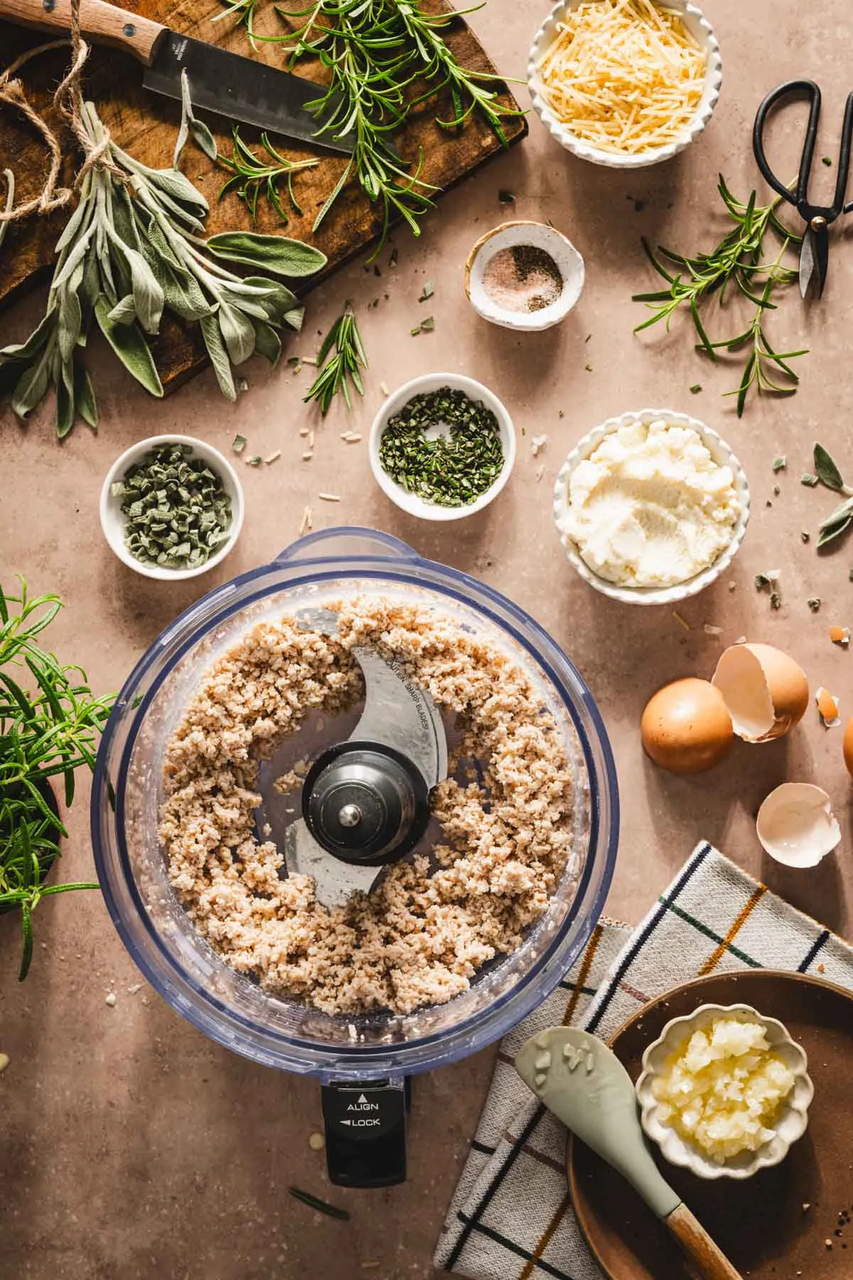 food processor container with shredded turkey, processed