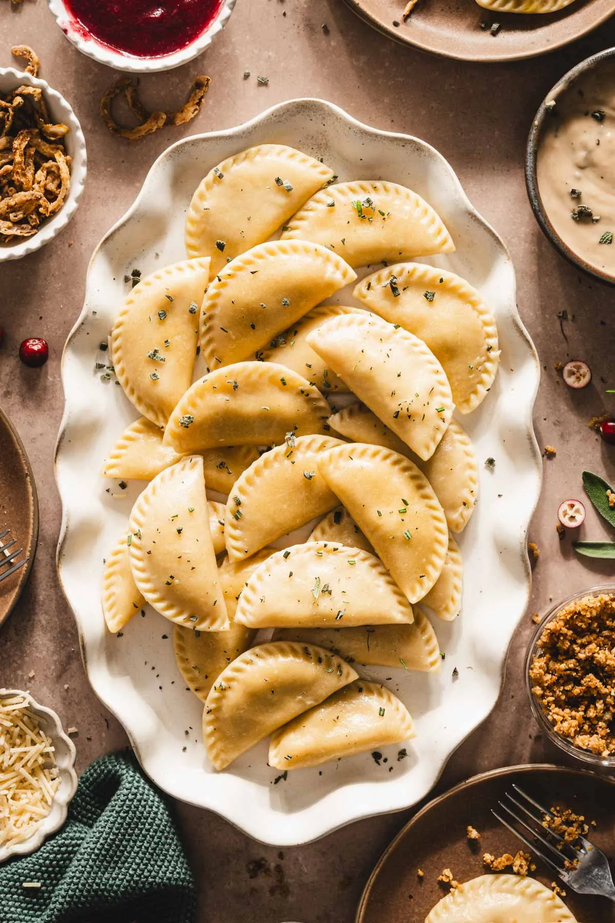 close up of cooked pierogis