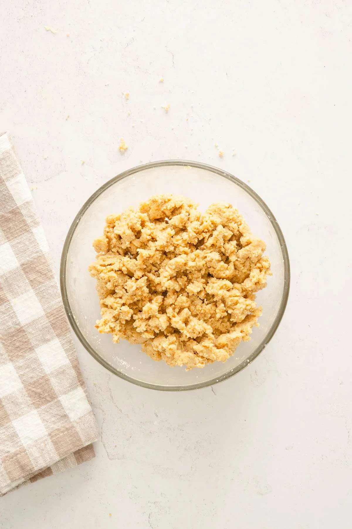 crumble topping made, in a glass bowl