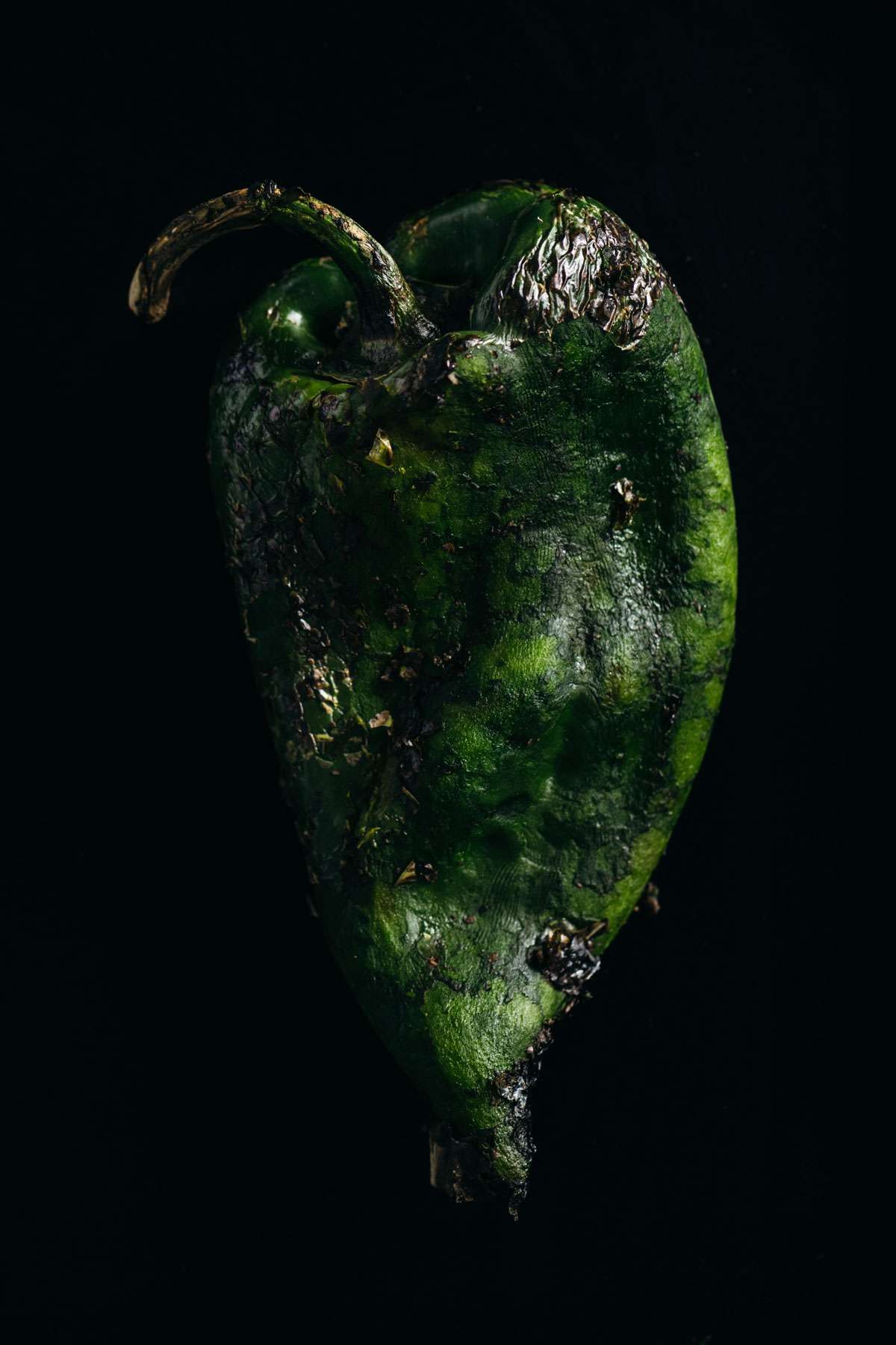 Roasted Poblano Pepper close up, skin scraped