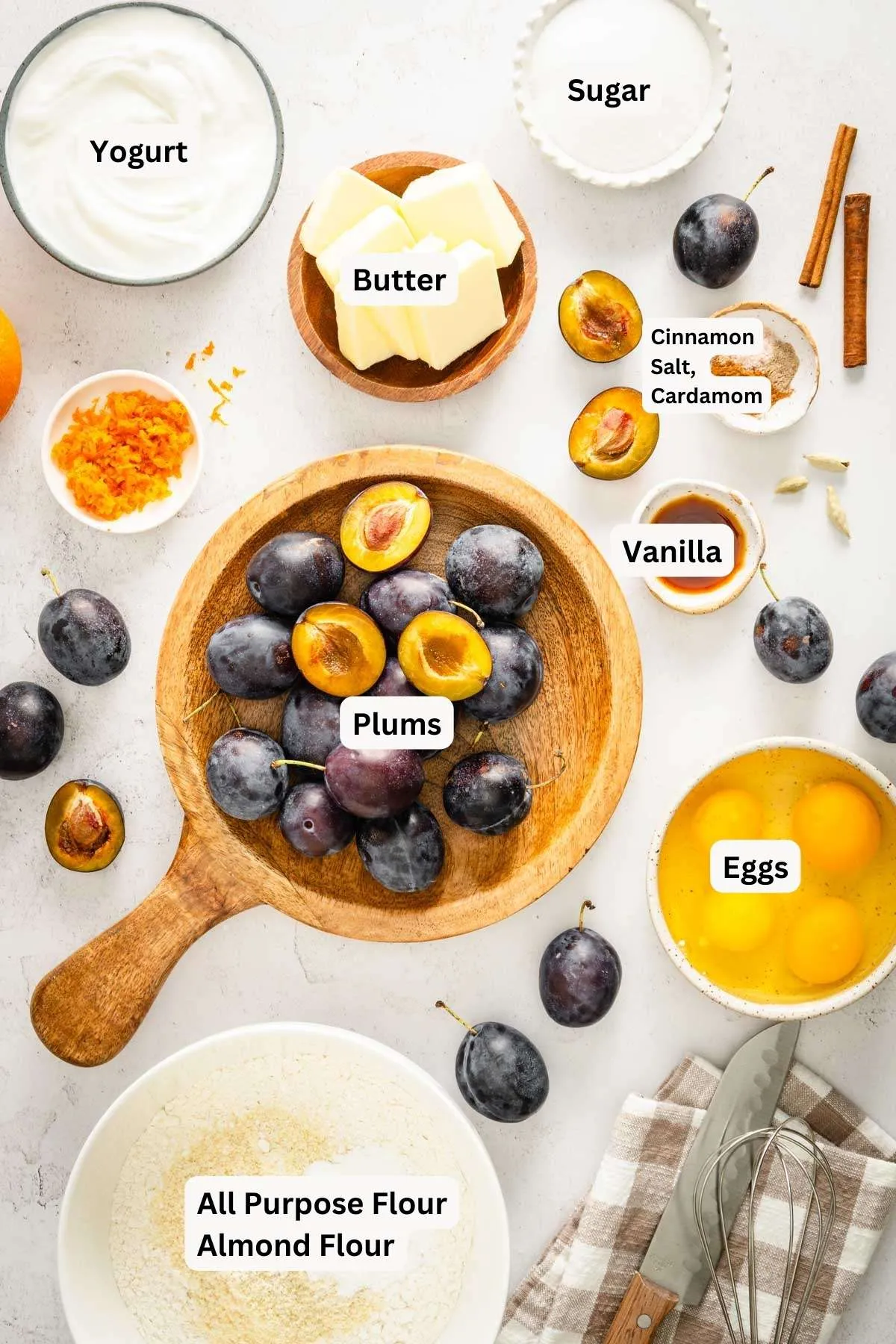 ingredients to make polish plum cake with name tags