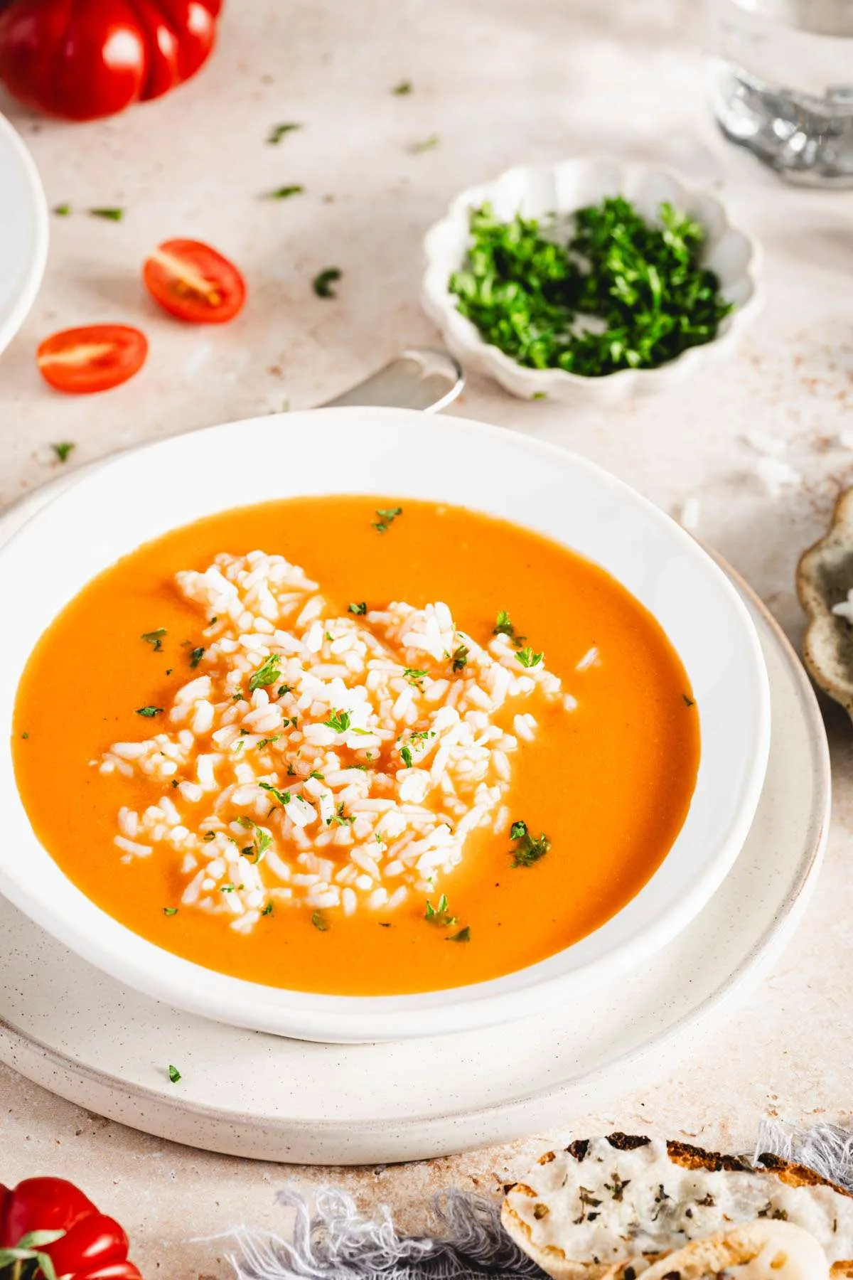 bowl with zupa pomidorowa with rice