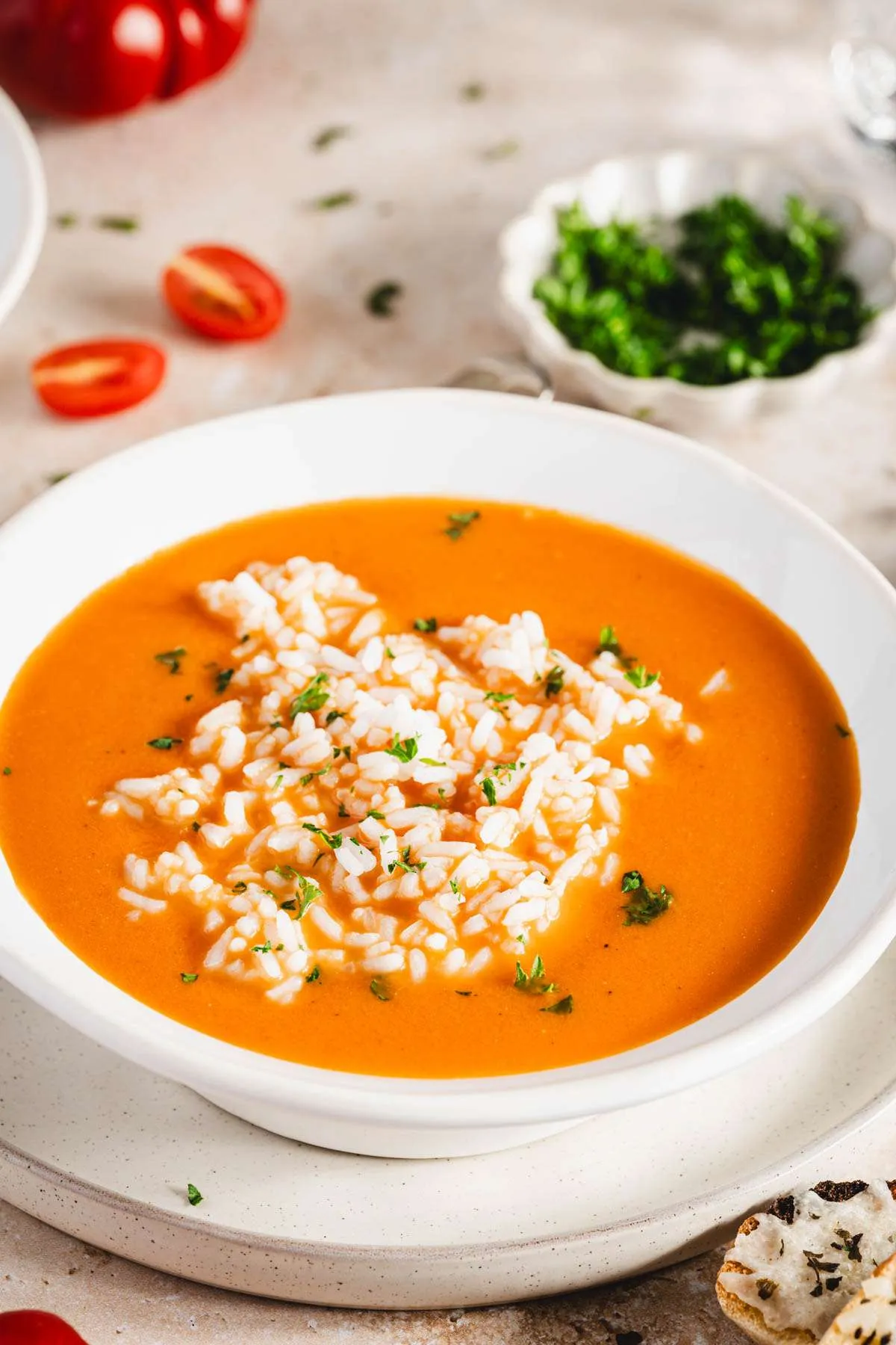 bowl with zupa pomidorowa with rice