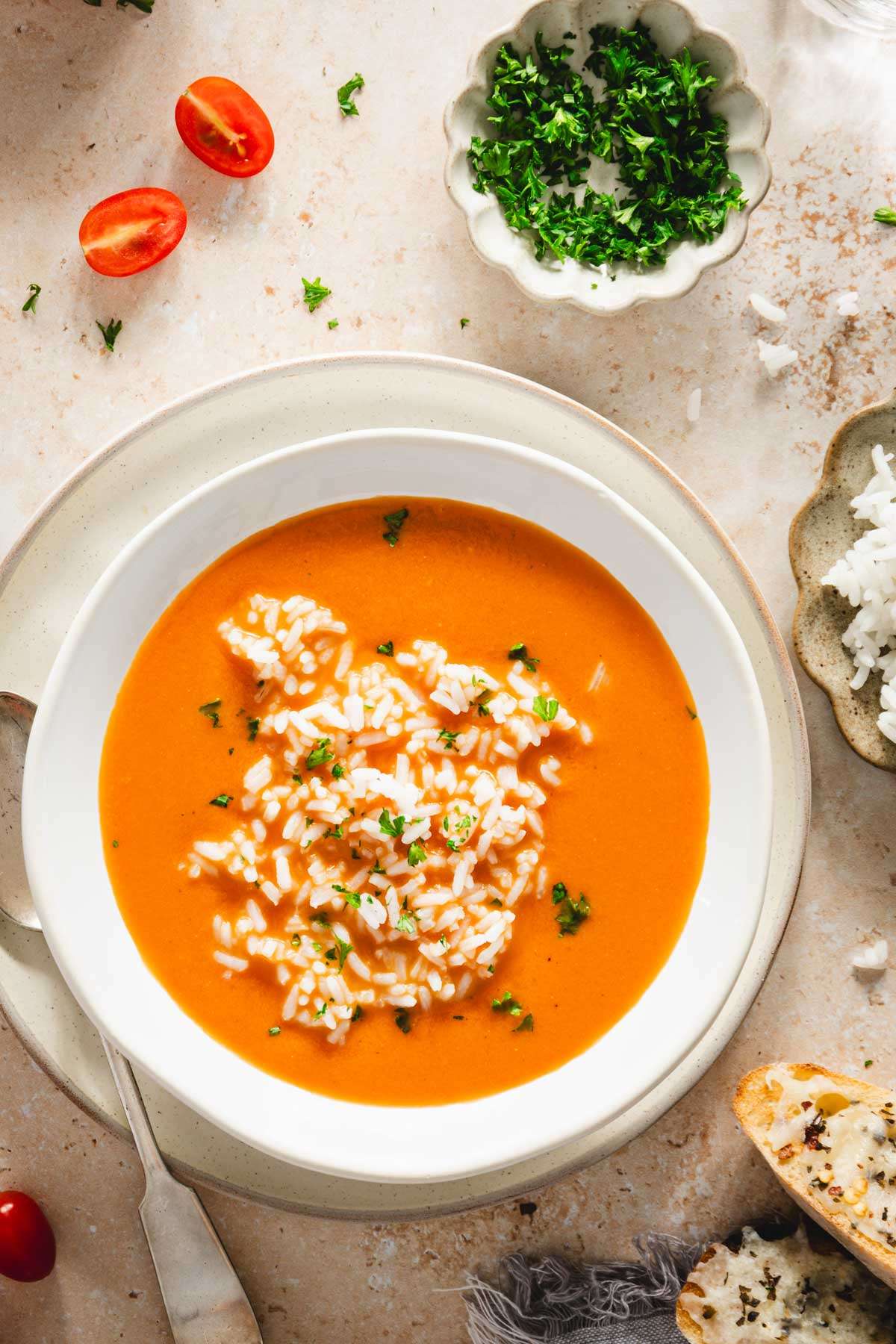 bowl with zupa pomidorowa with rice