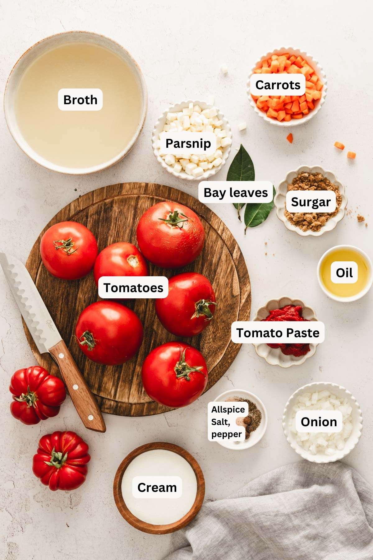 ingredients to make zupa pomidorowa with name tags