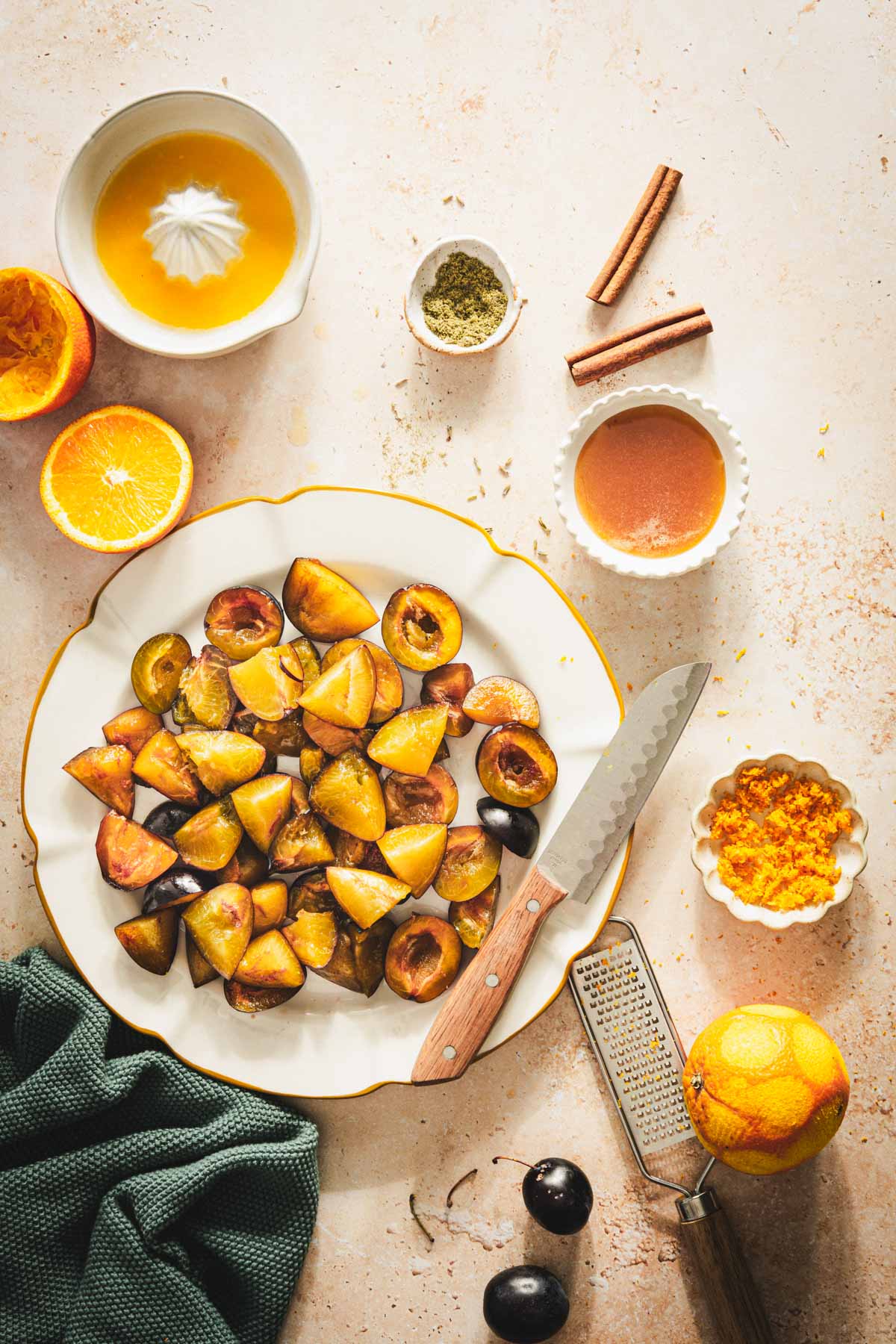 cut up plums on the platter