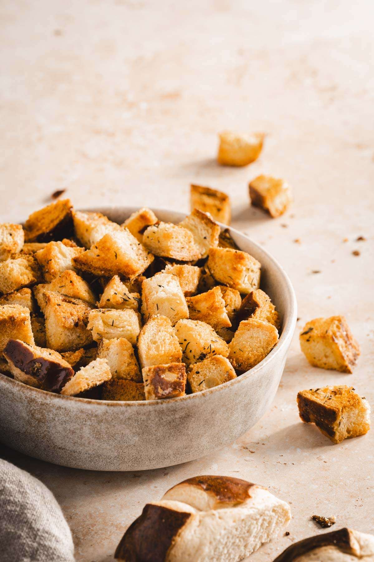 pretzel bun croutons in a serving bowl