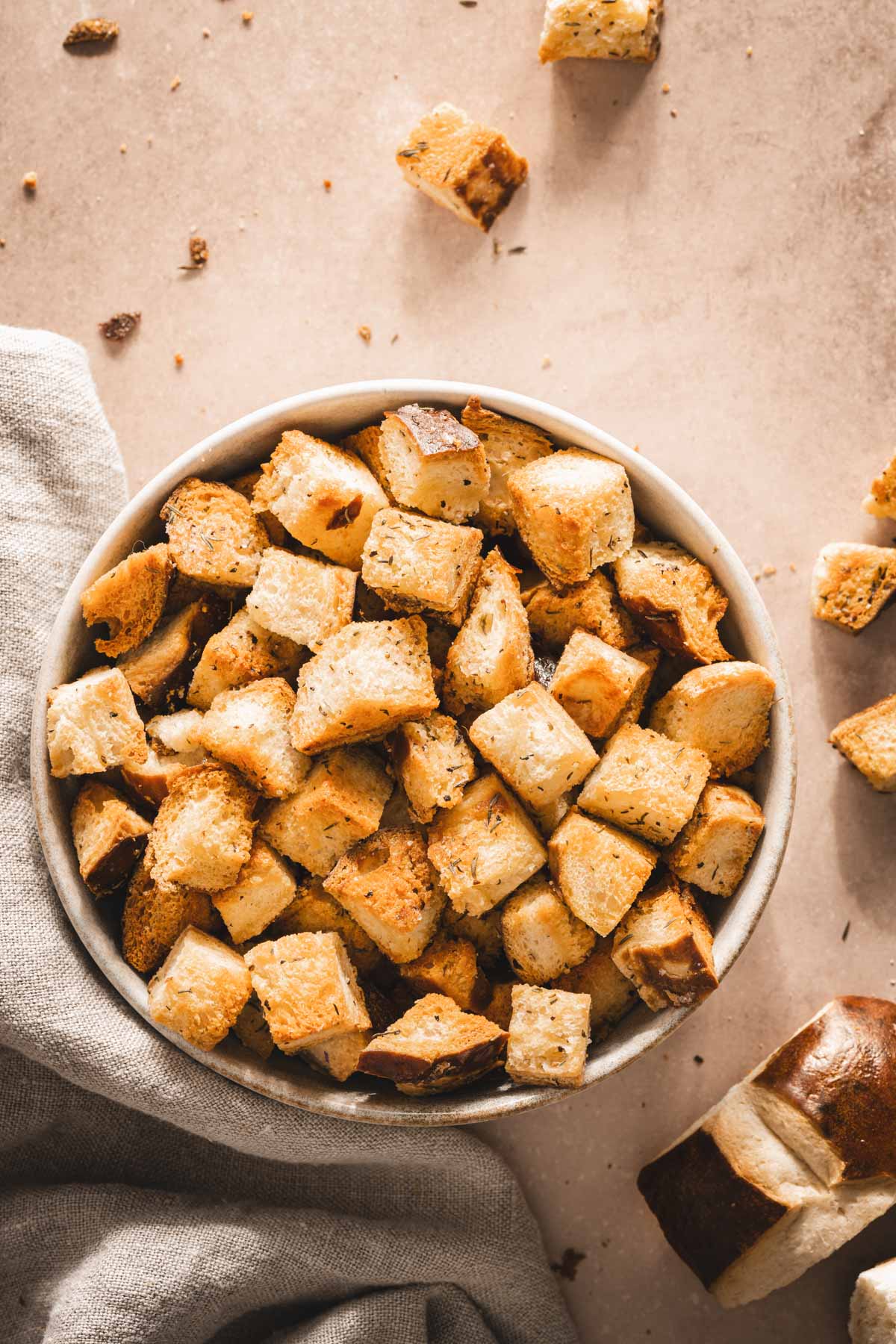 pretzel bun croutons in a serving bowl