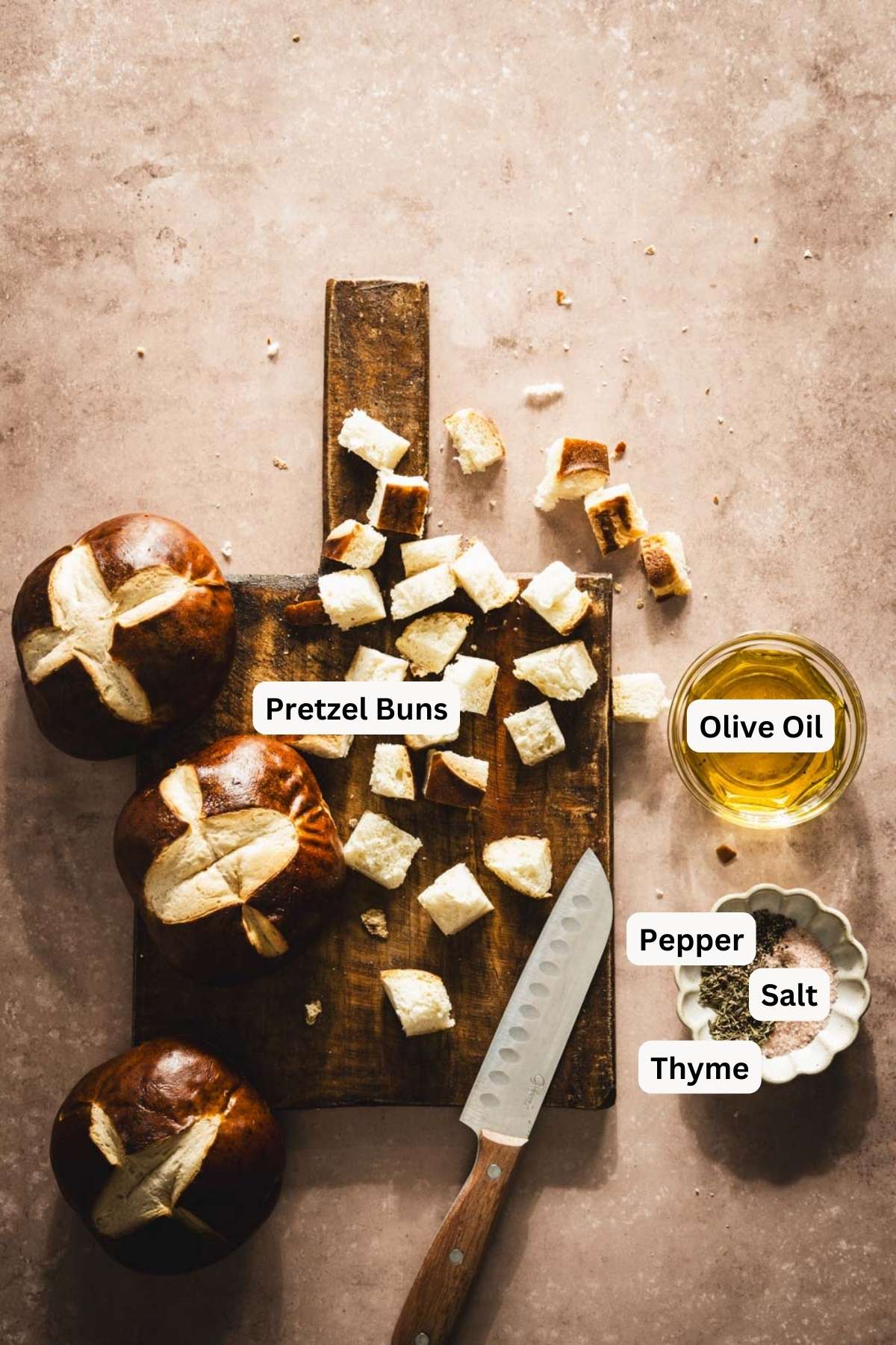 ingredients to make croutons with name tags