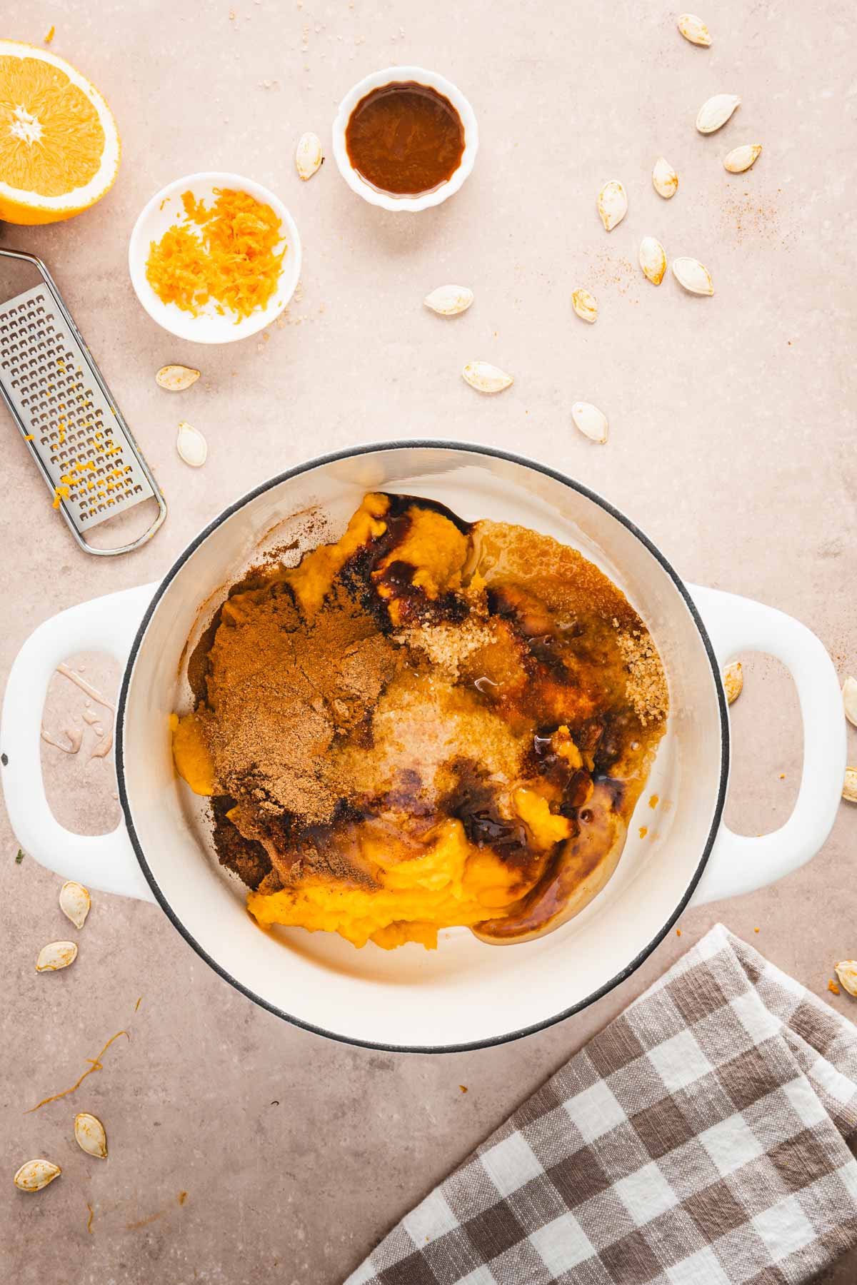 all ing for pumpkin butter in the Dutch oven pot, left to the side orange zest and vanilla