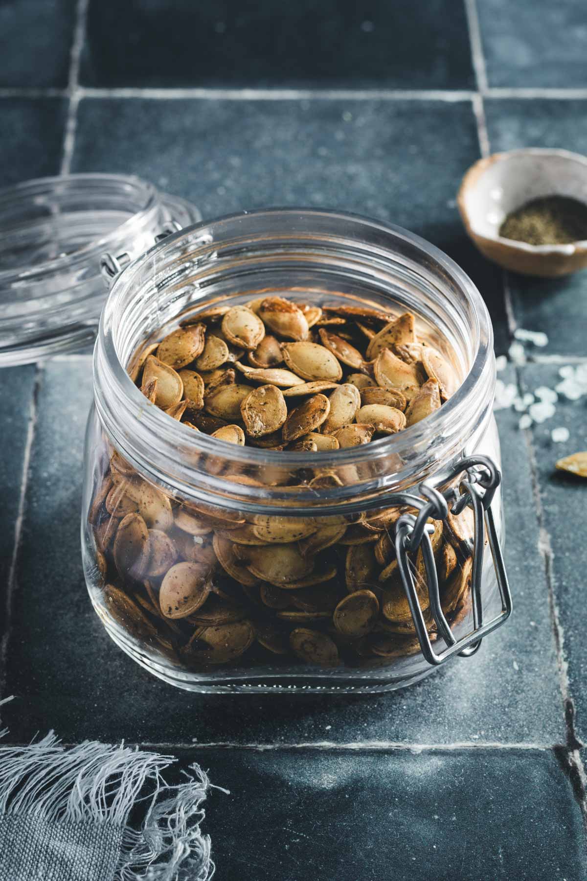 smoked pumpkin seeds in a glass jar