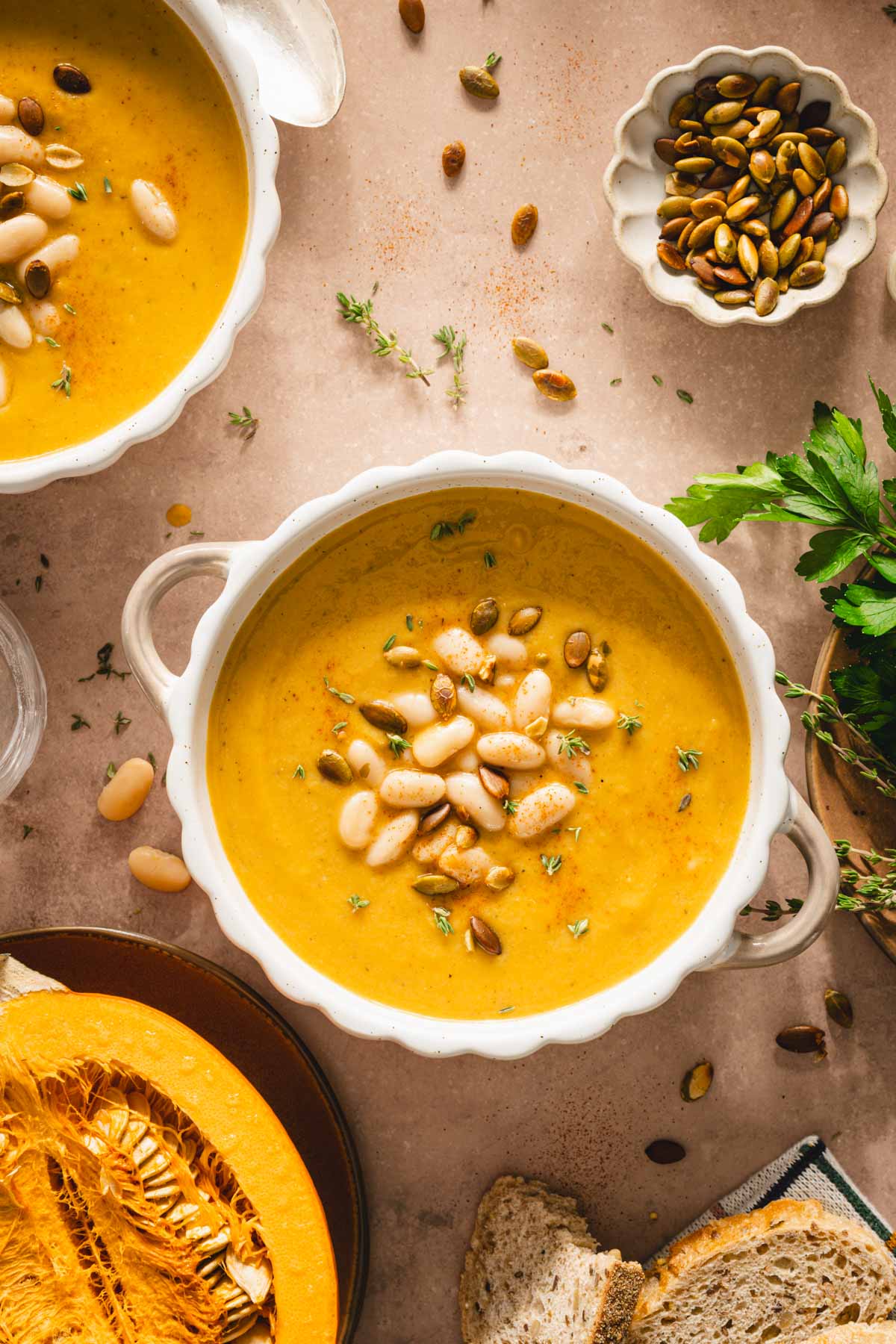 top view of bowl with pumpkin soup