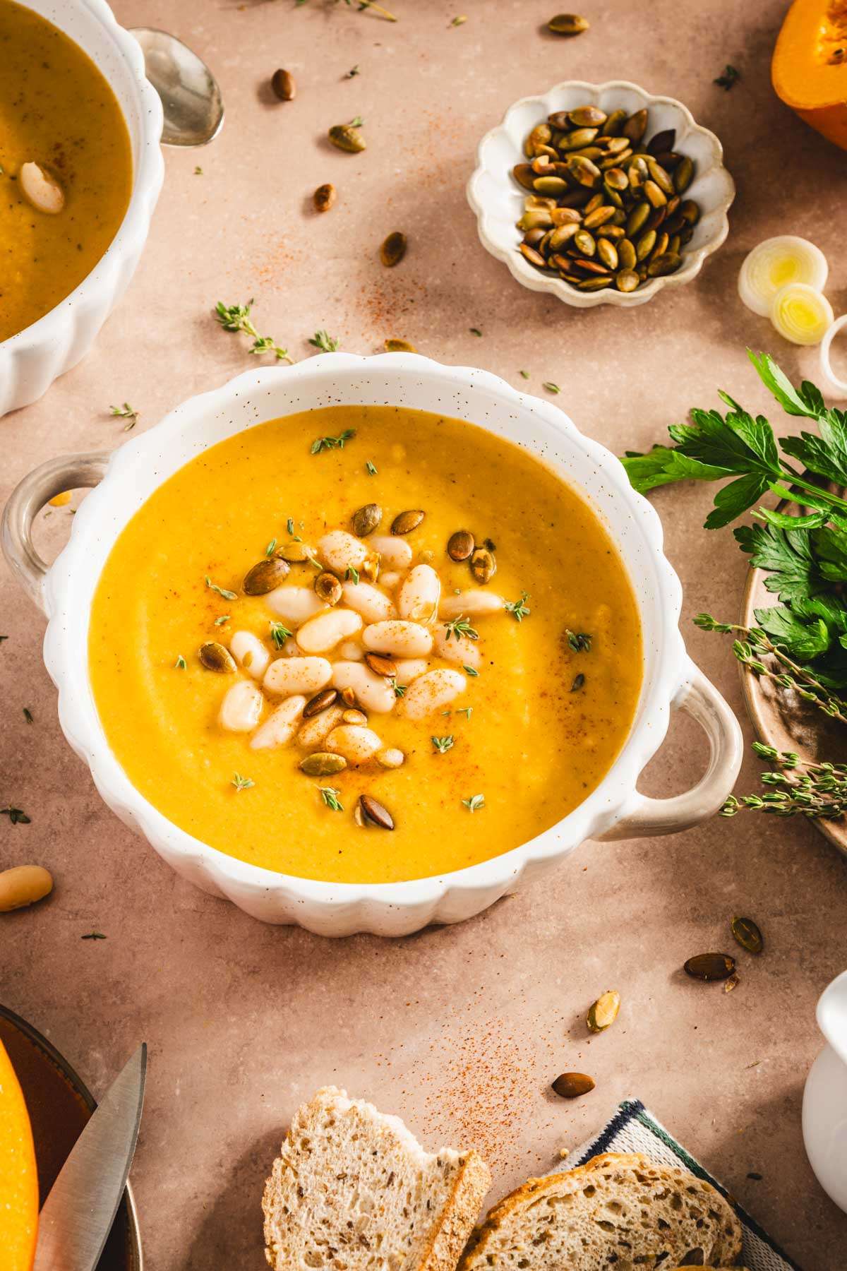 close up of bowl with pumpkin soup