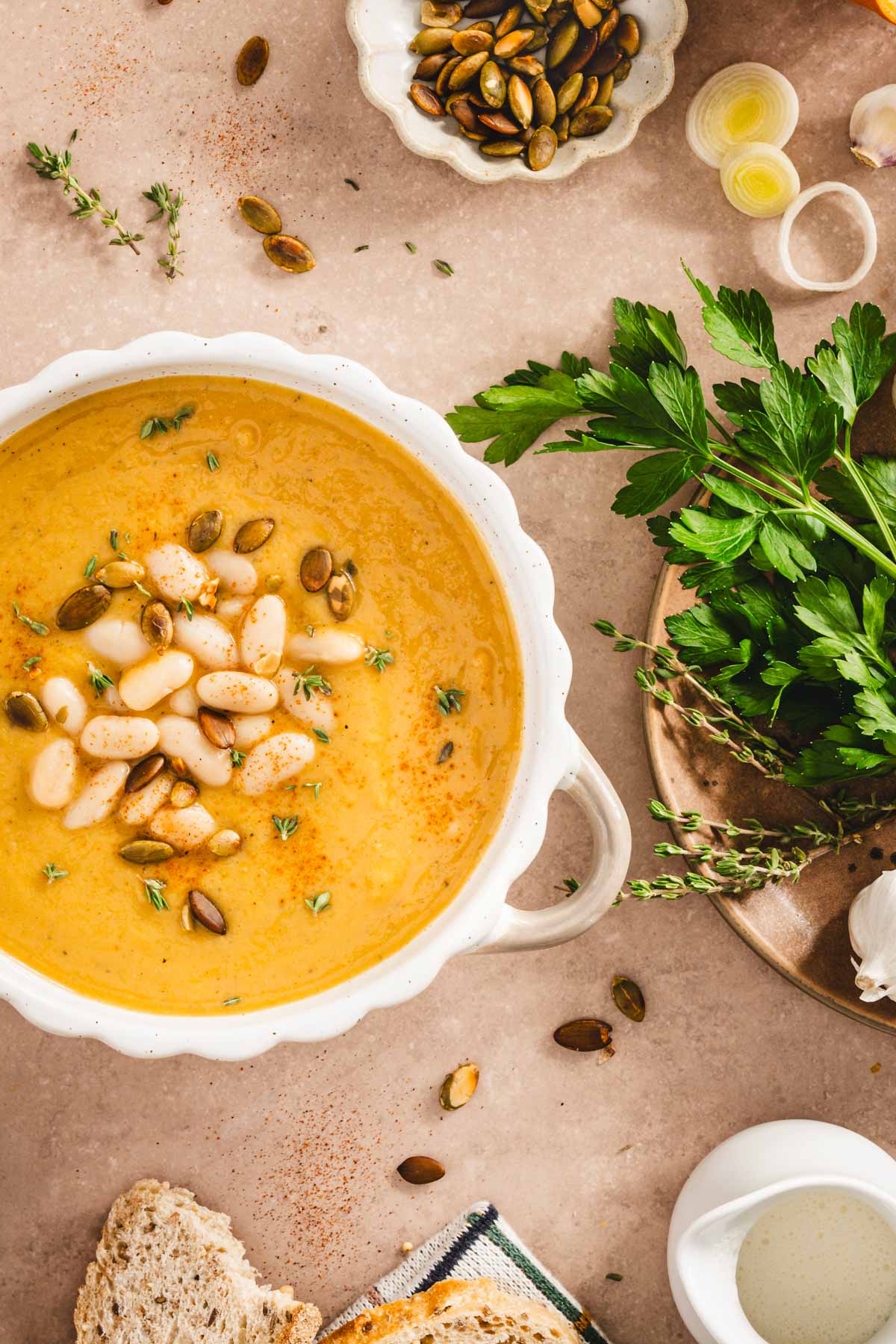 close up of bowl with pumpkin soup