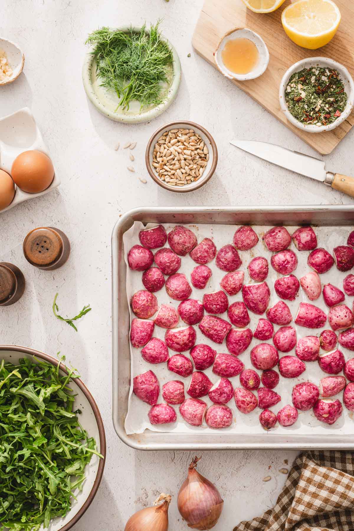 baking sheet with roasted radishes