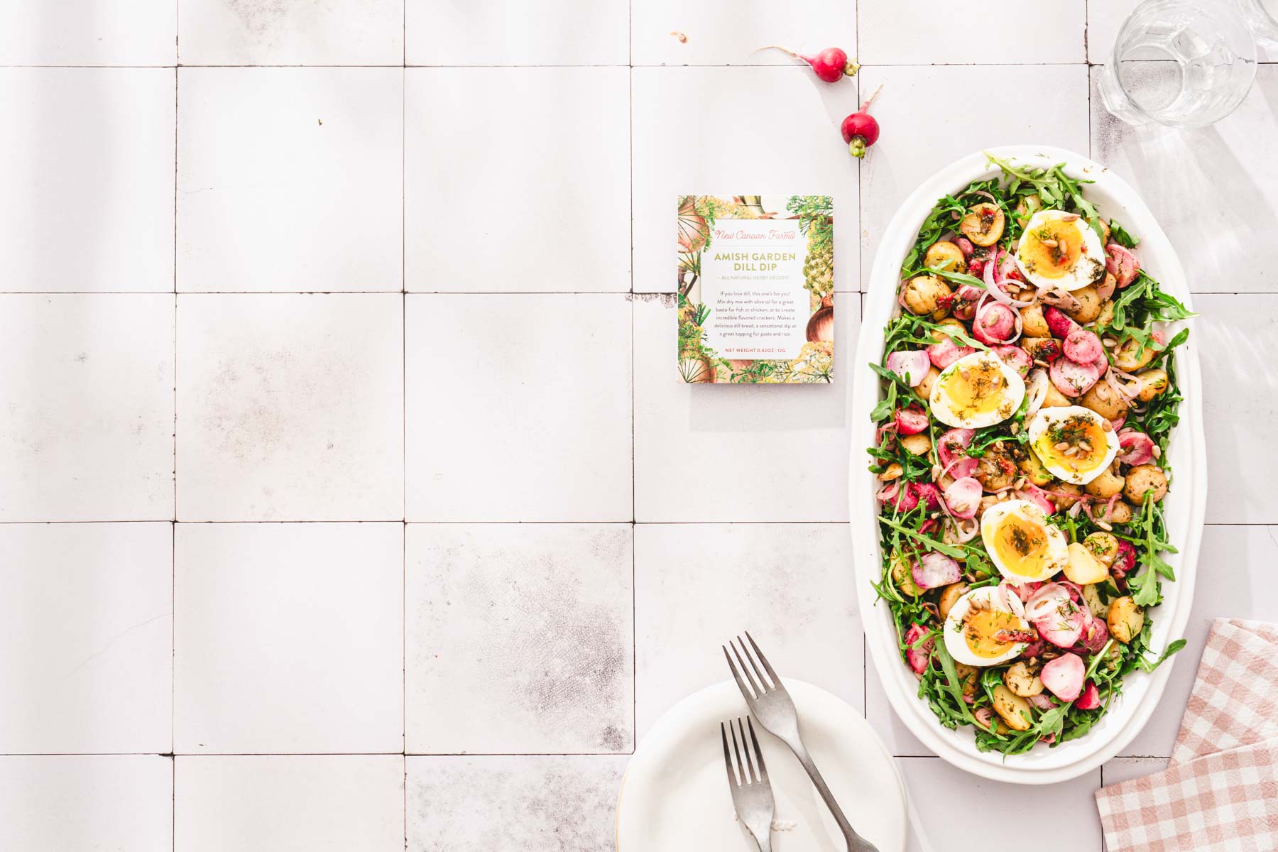 serving platter, napkin, two forks, product package