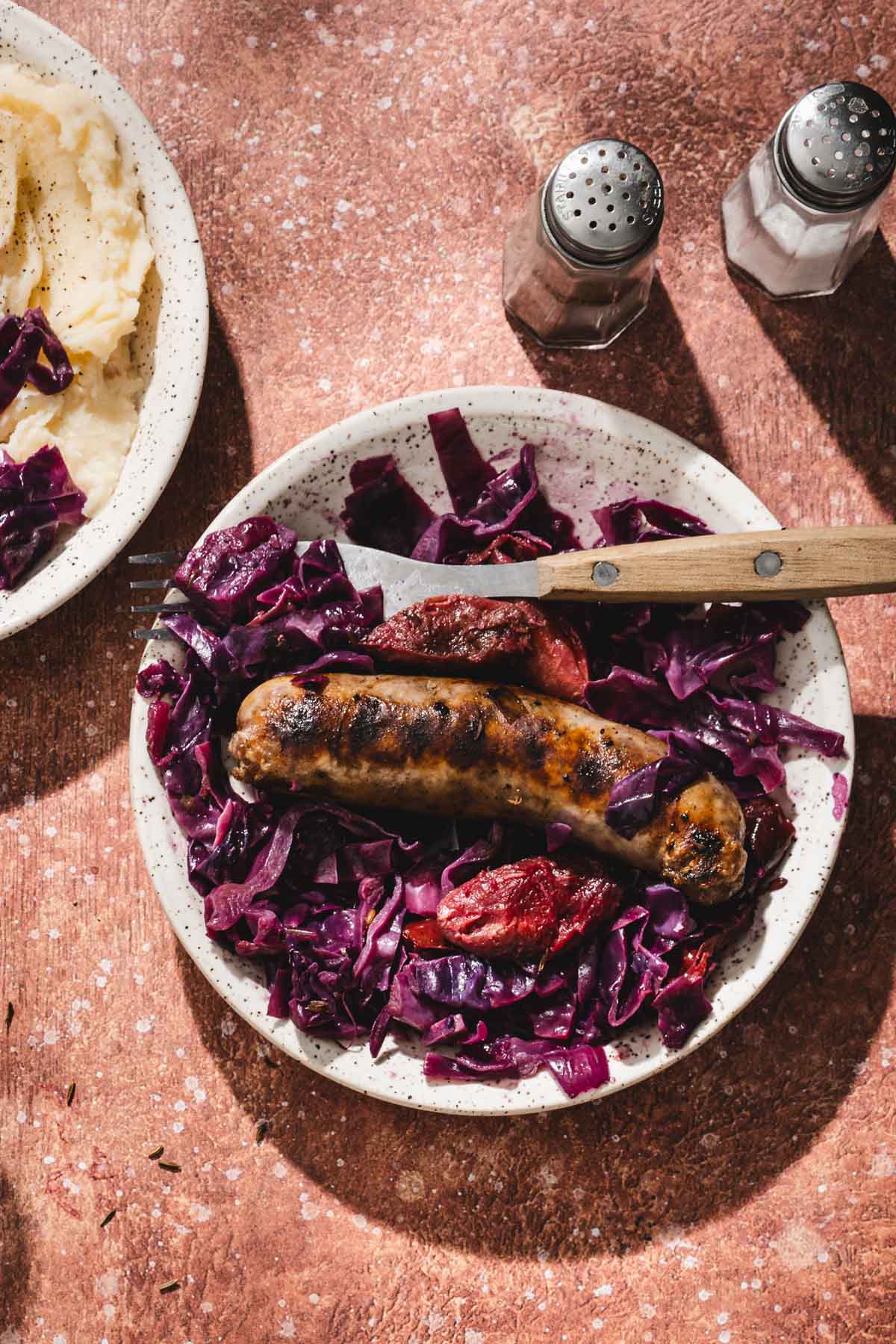 bowl with red cabbage and sausage