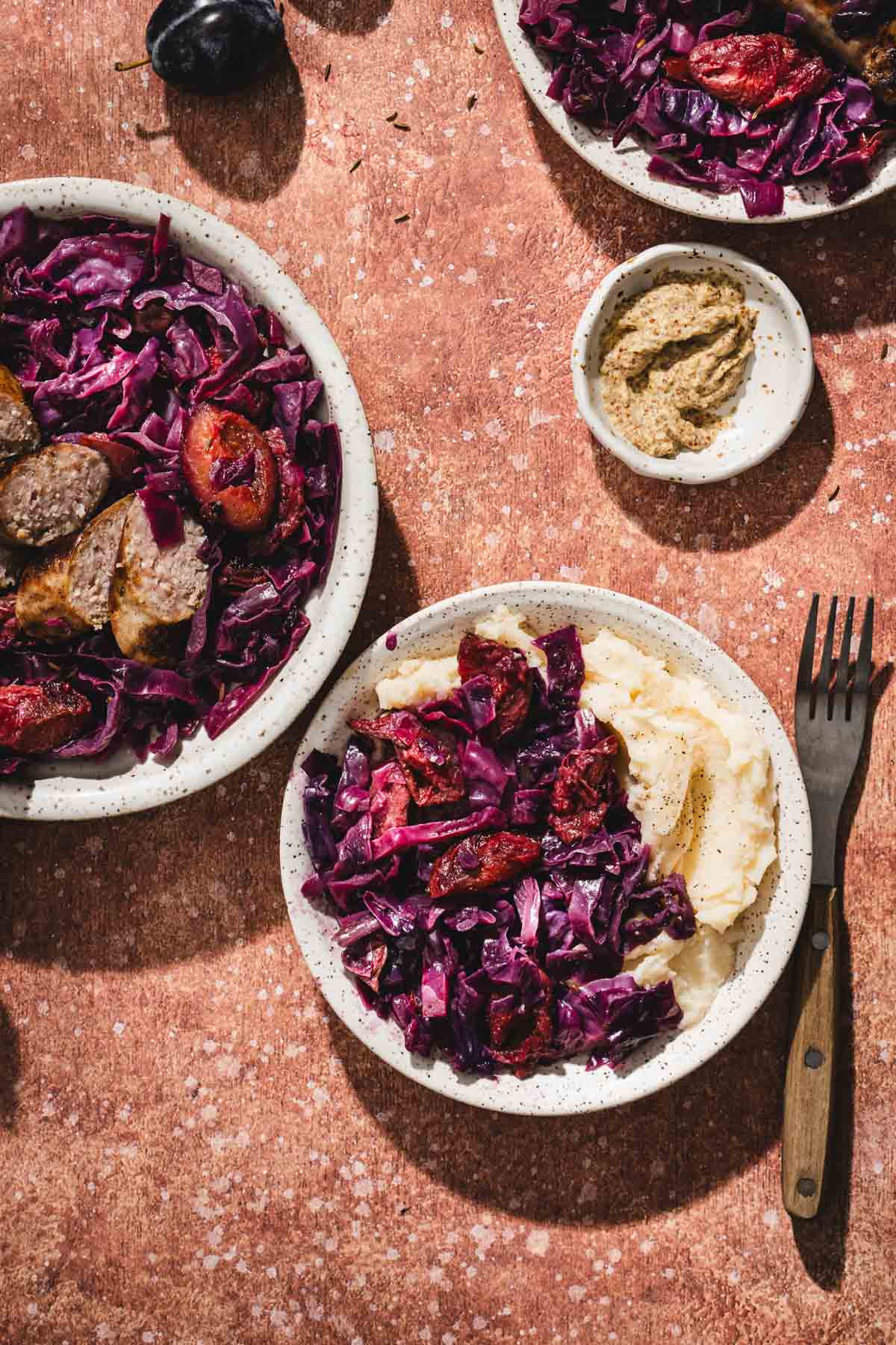 close up of plates with red cabbage