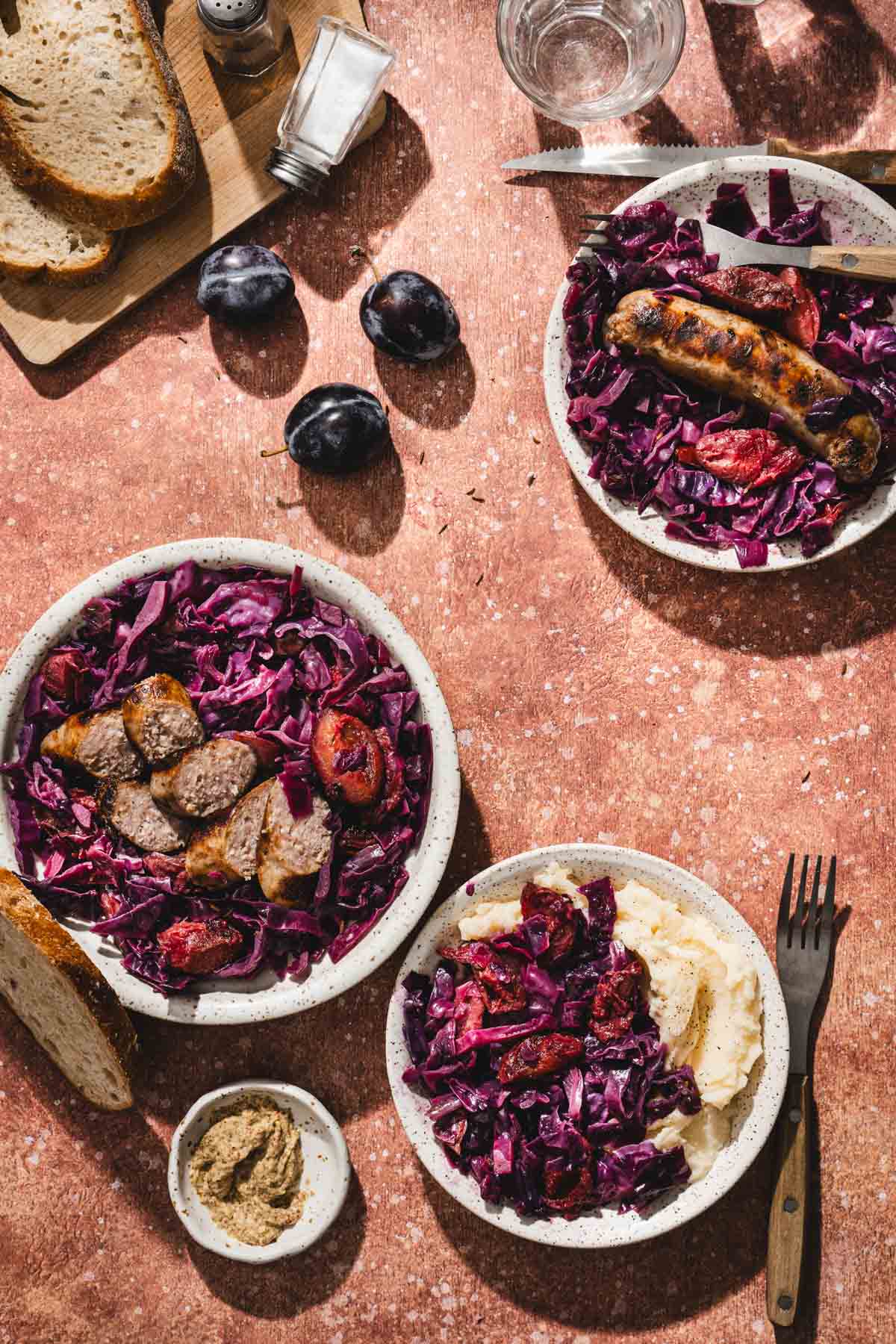 various plates iwth red cabbage dish, 