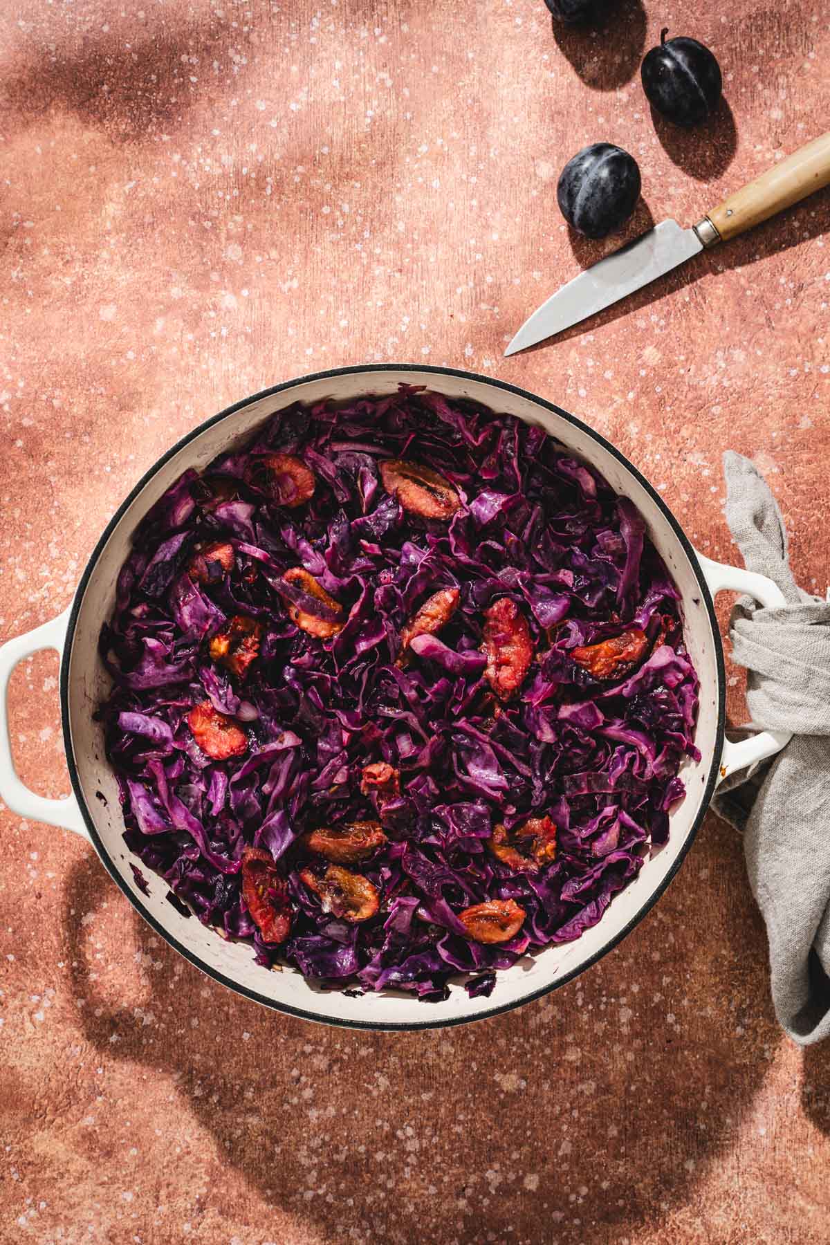 skillet with cooked red cabbage