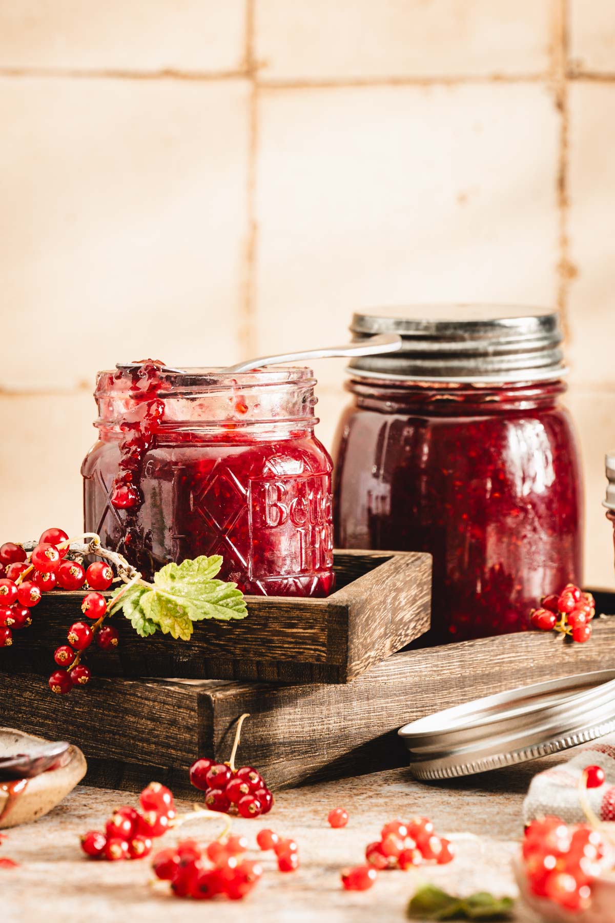 closeup of an open jar with jam
