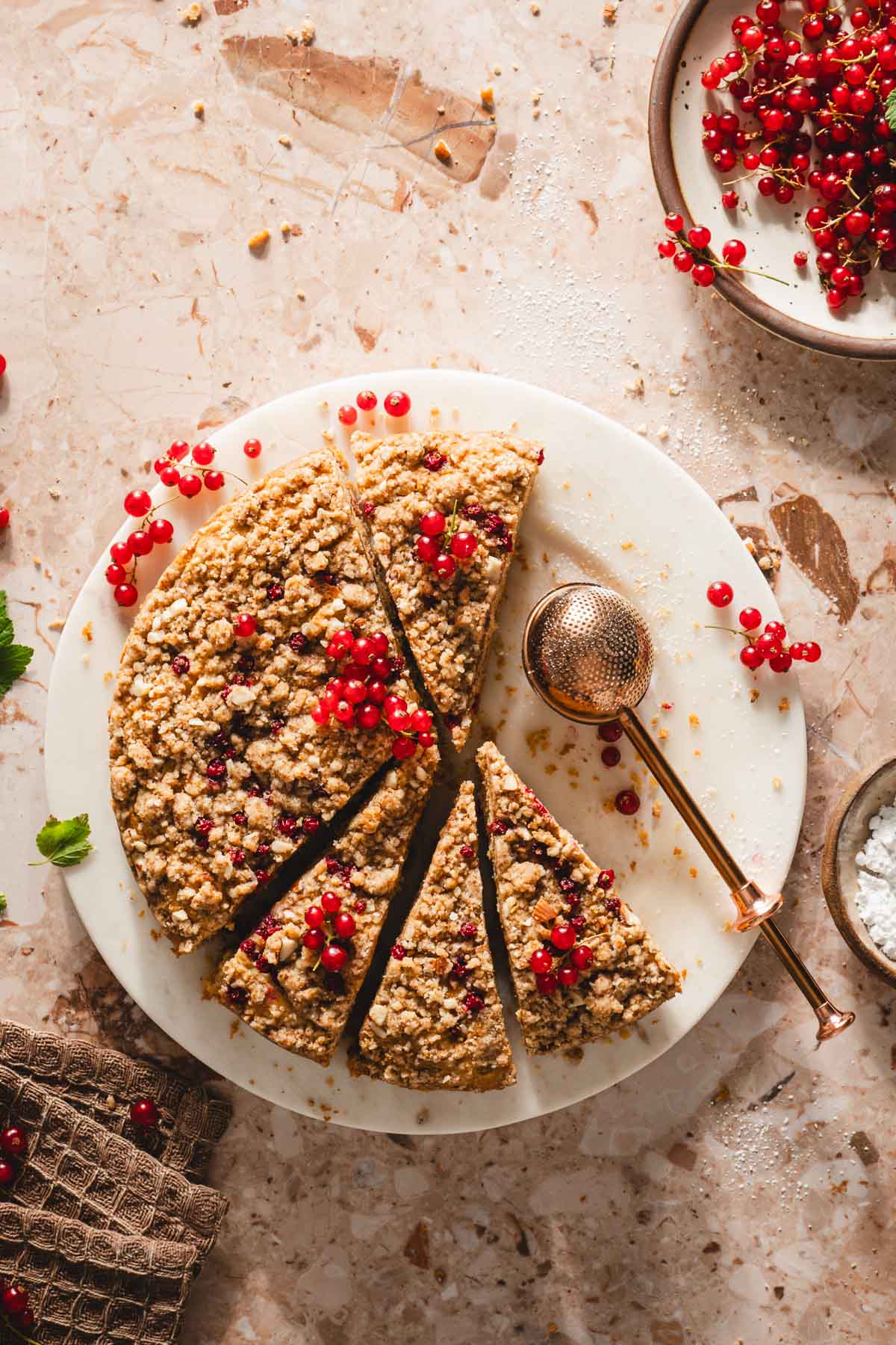 top view of sliced cake with powdered sugar