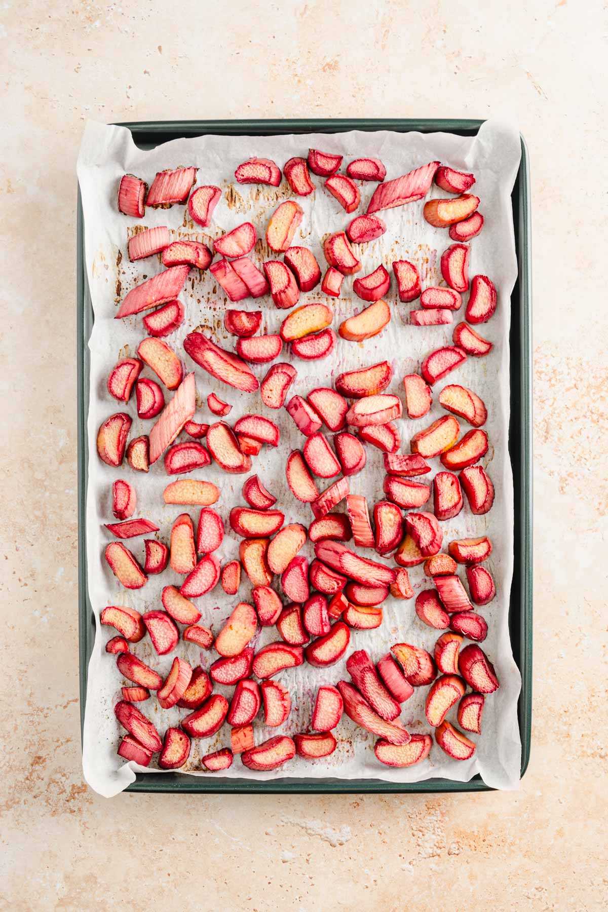 roasted rhubarb on a baking sheet