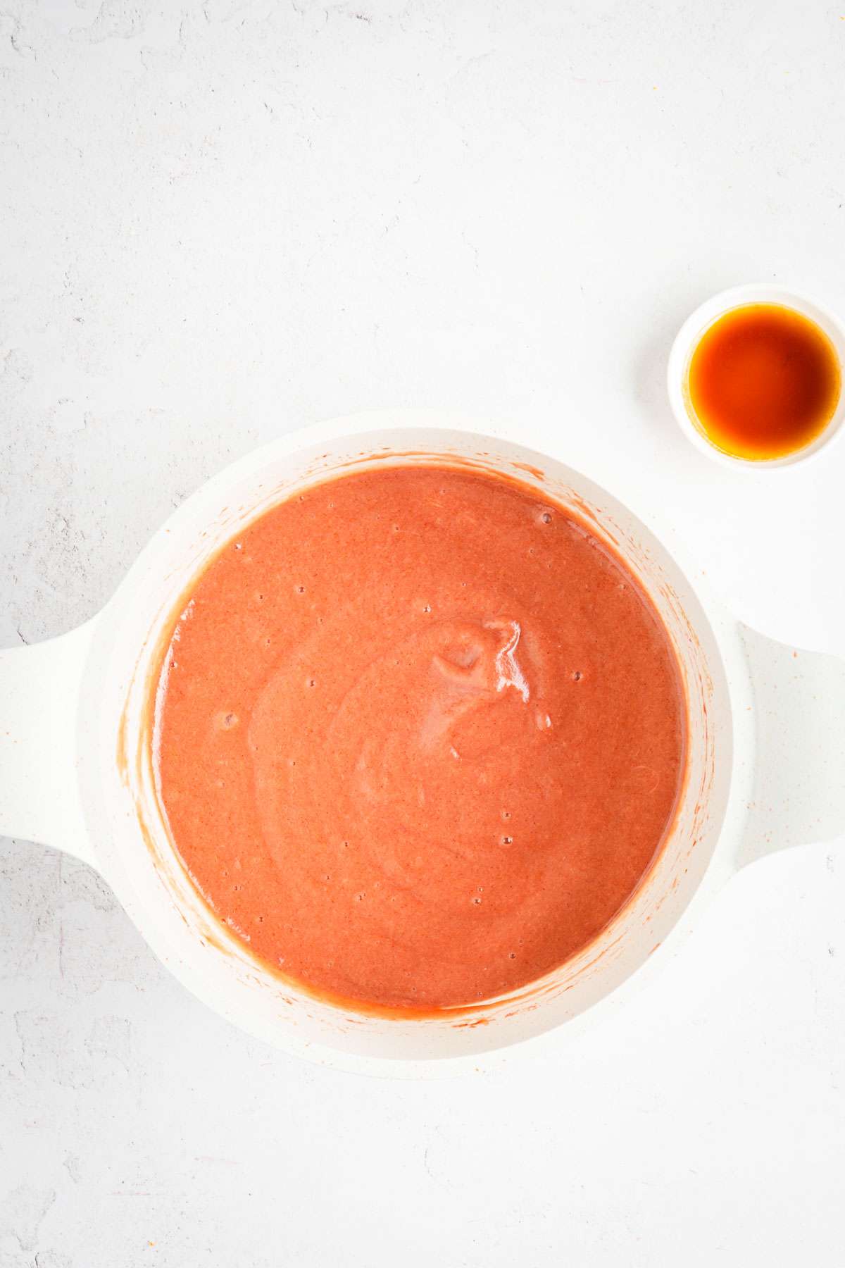 rhubarb butter in a sauce pan after being blended, dish with vanilla