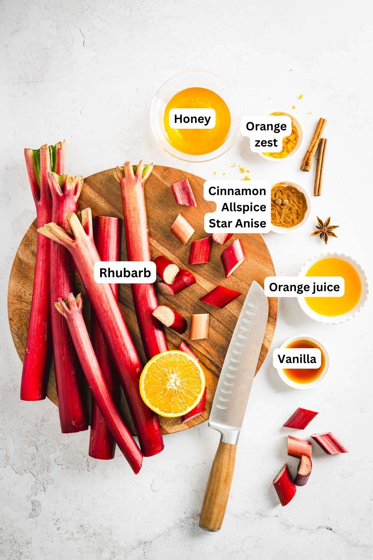 ingredients to make rhubarb butter with name tags